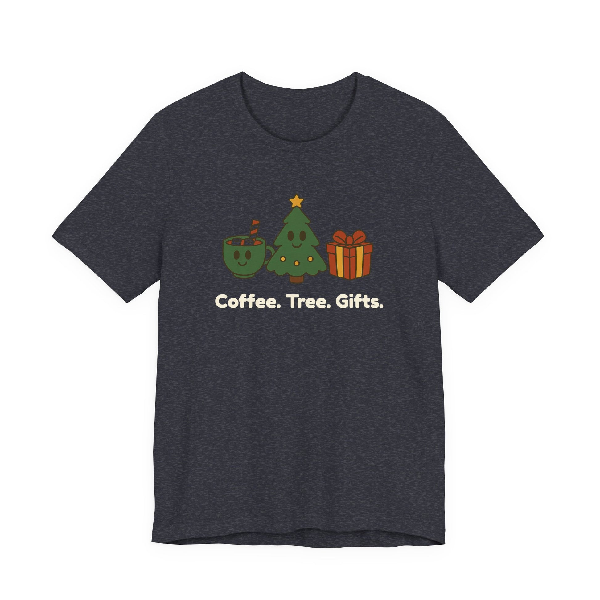 Heather navy t-shirt with a graphic of a coffee cup, Christmas tree, and gift box on a white background