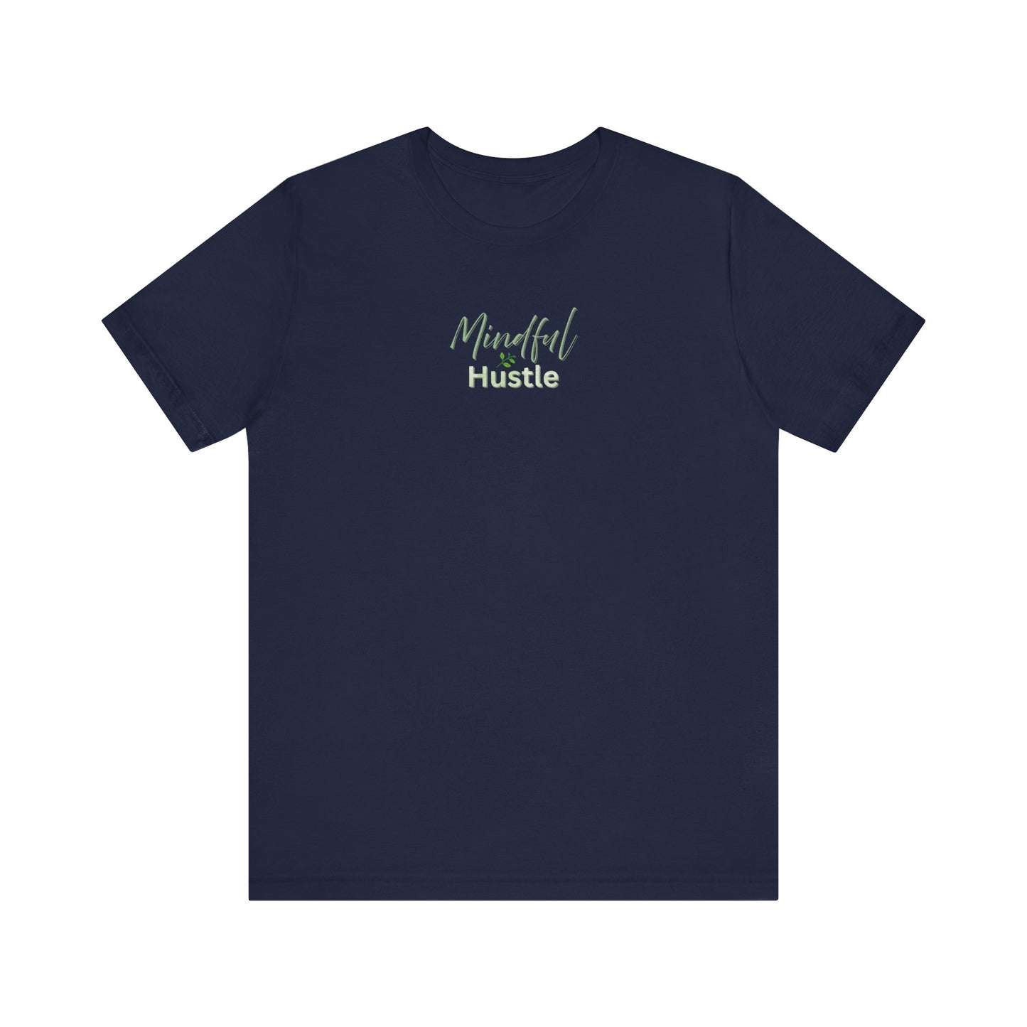 Navy blue t-shirt with 'Mindful & Hustle' text on a white background