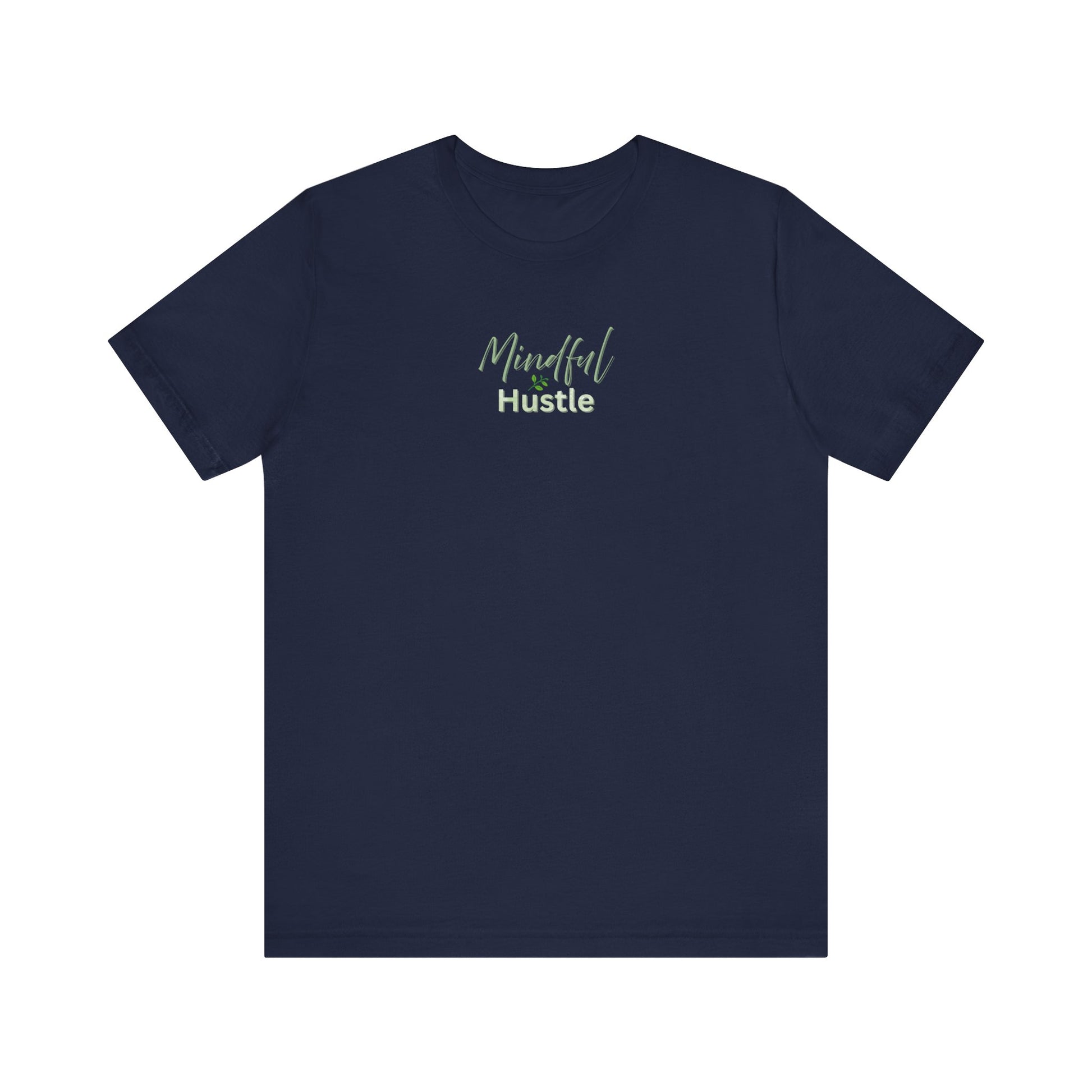Navy blue t-shirt with 'Mindful & Hustle' text on a white background