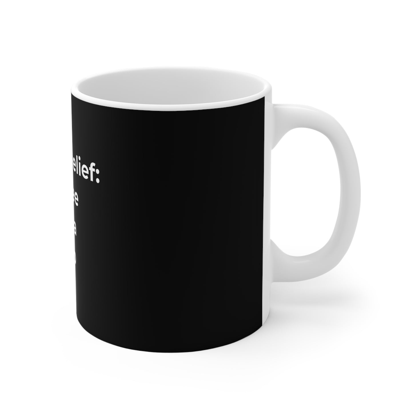Right side of "Stress relief: coffee, yoga, nap" coffee mug design - Black mug with white text on a white background
