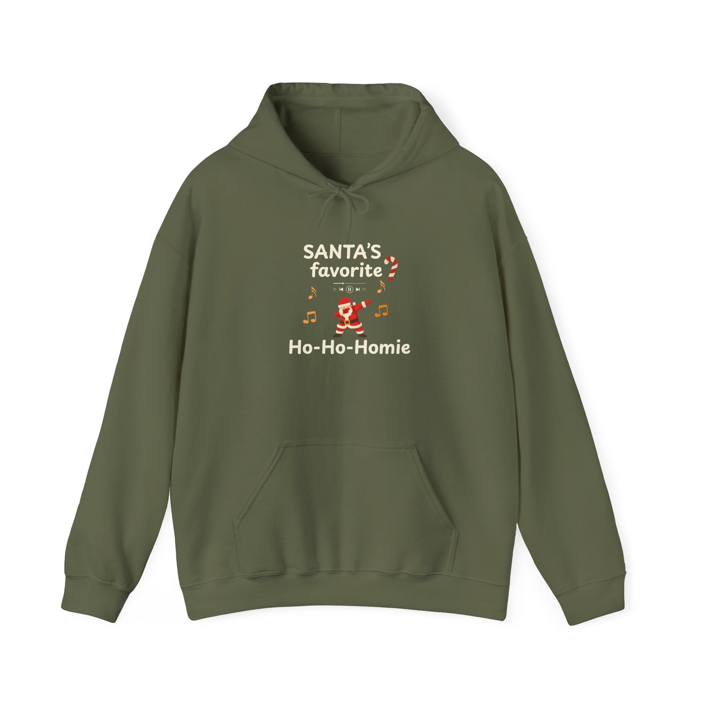 Green hoodie featuring the text 'Santa's Favorite Ho-Ho-Homie' and graphics on a white background