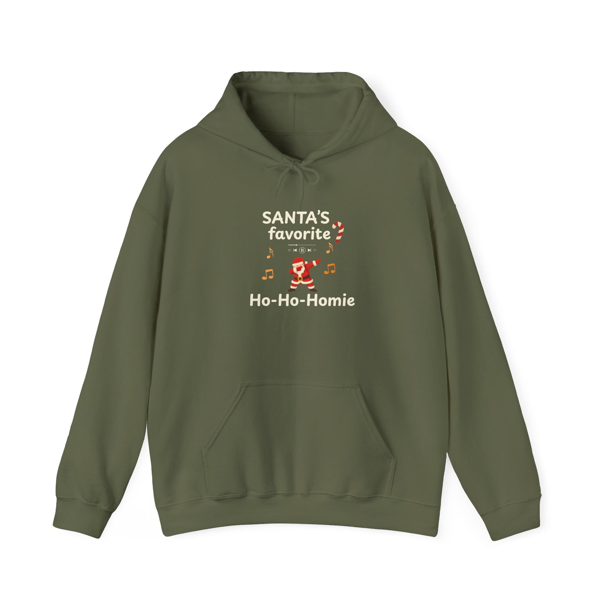 Green hoodie featuring the text 'Santa's Favorite Ho-Ho-Homie' and graphics on a white background