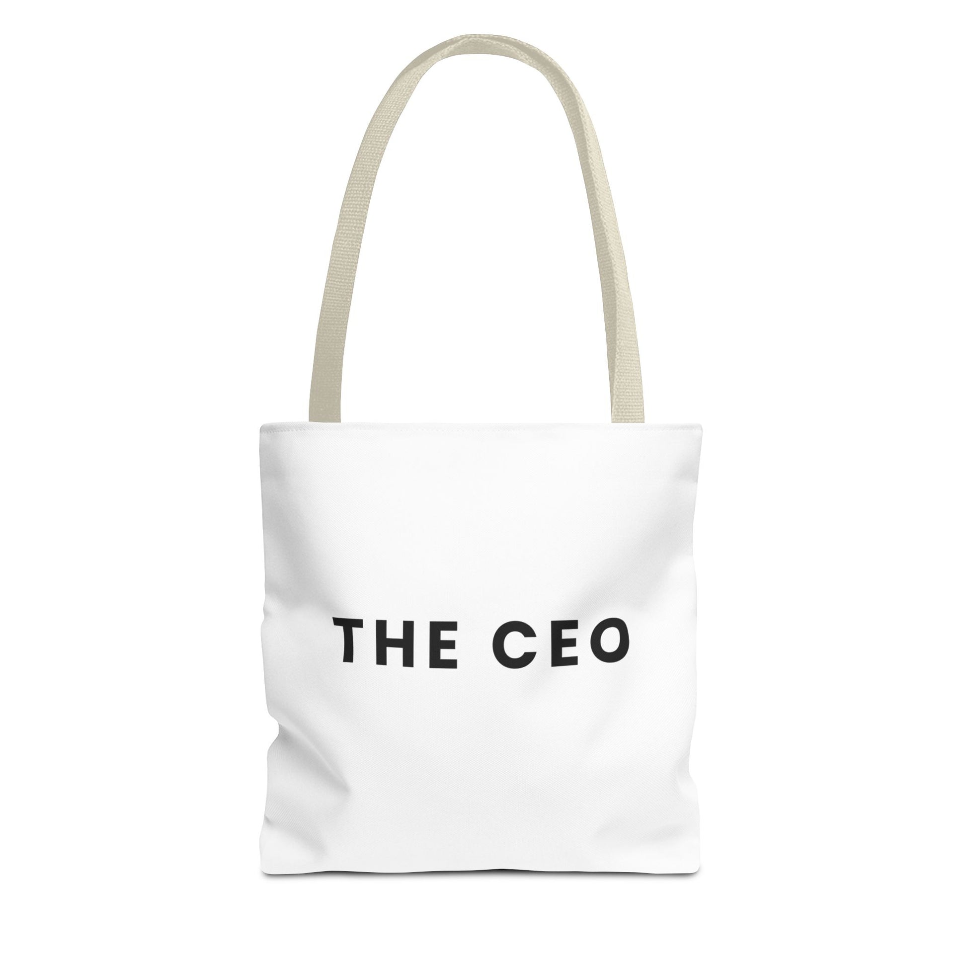 White tote bag with 'THE CEO' text and beige handles on a white background