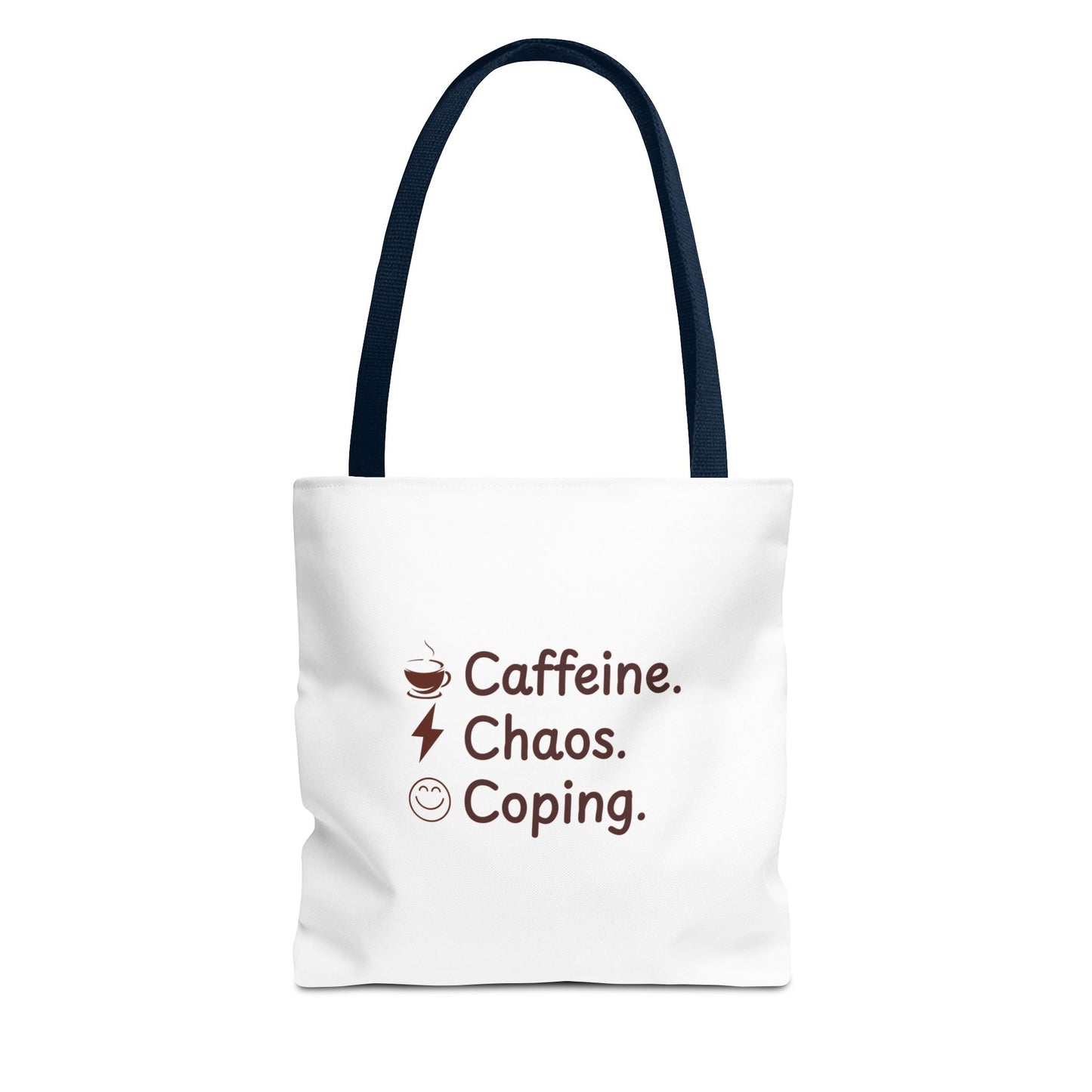 White tote bag with text 'Caffeine. Chaos. Coping.' and coffee cup icon on a white background