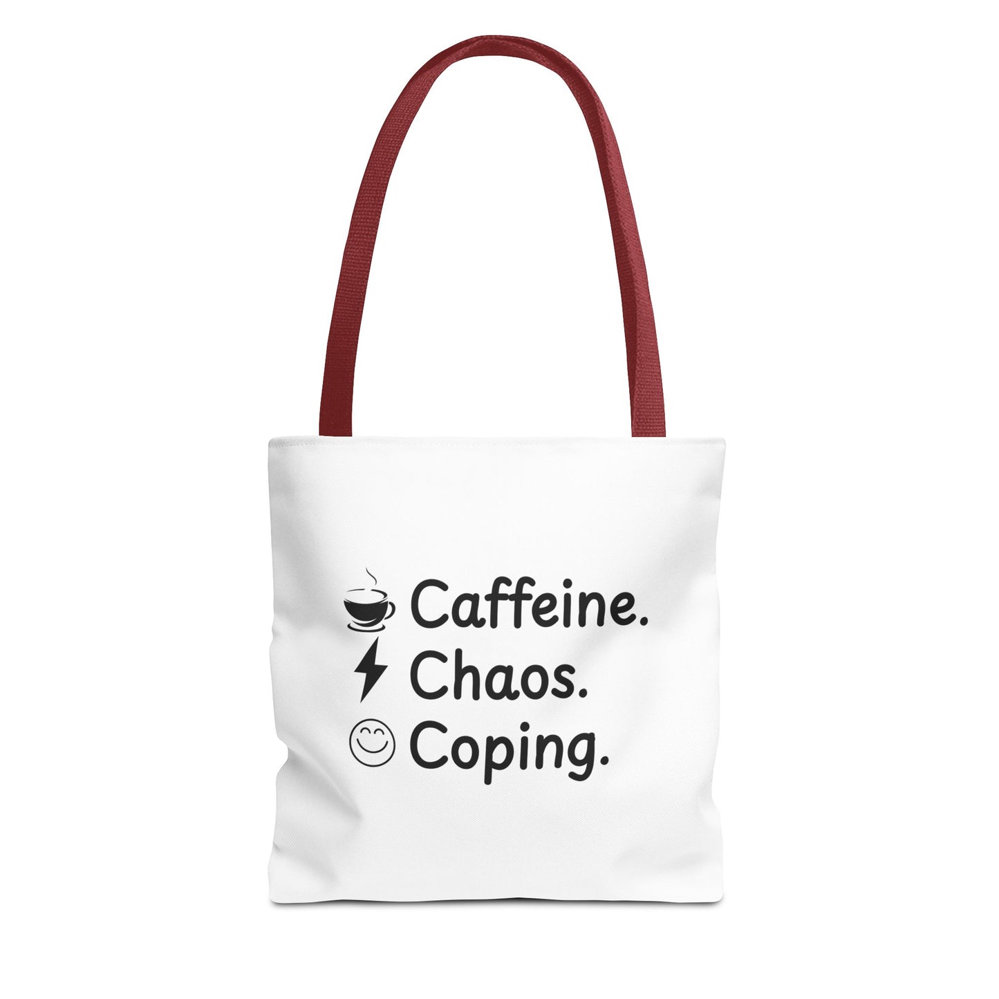 White tote bag with red handle featuring text 'Caffeine. Chaos. Coping.' on a white background