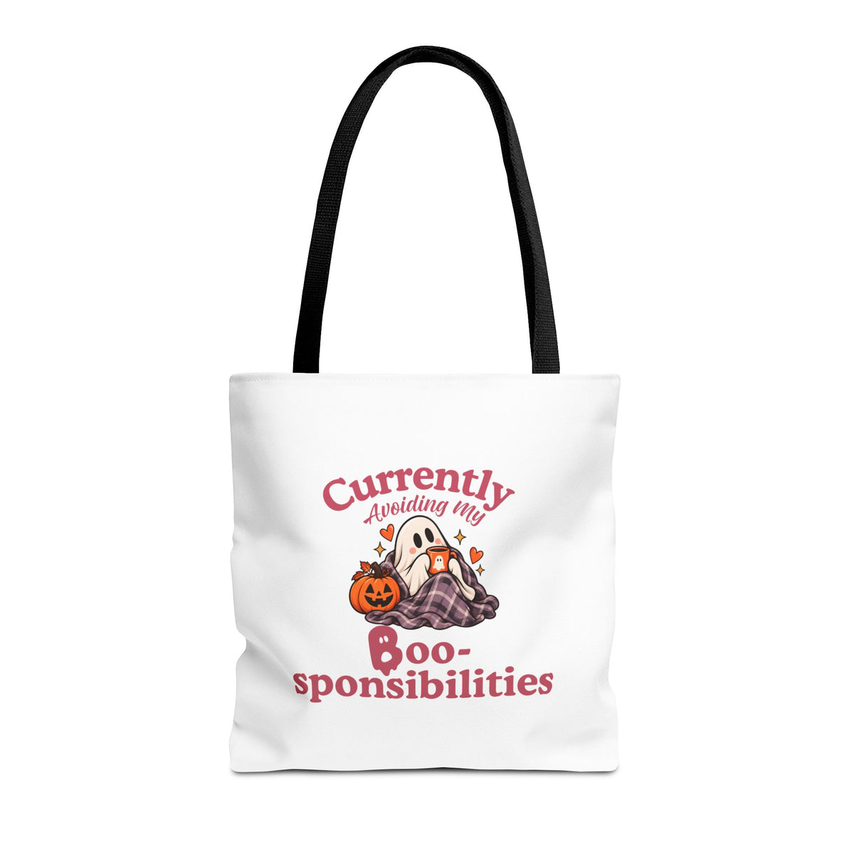 A white canvas tote bag with black shoulder straps, featuring a Halloween graphic of a ghost in a plaid blanket with the text 'Currently Avoiding My Boo-sponsibilities' in pink lettering.