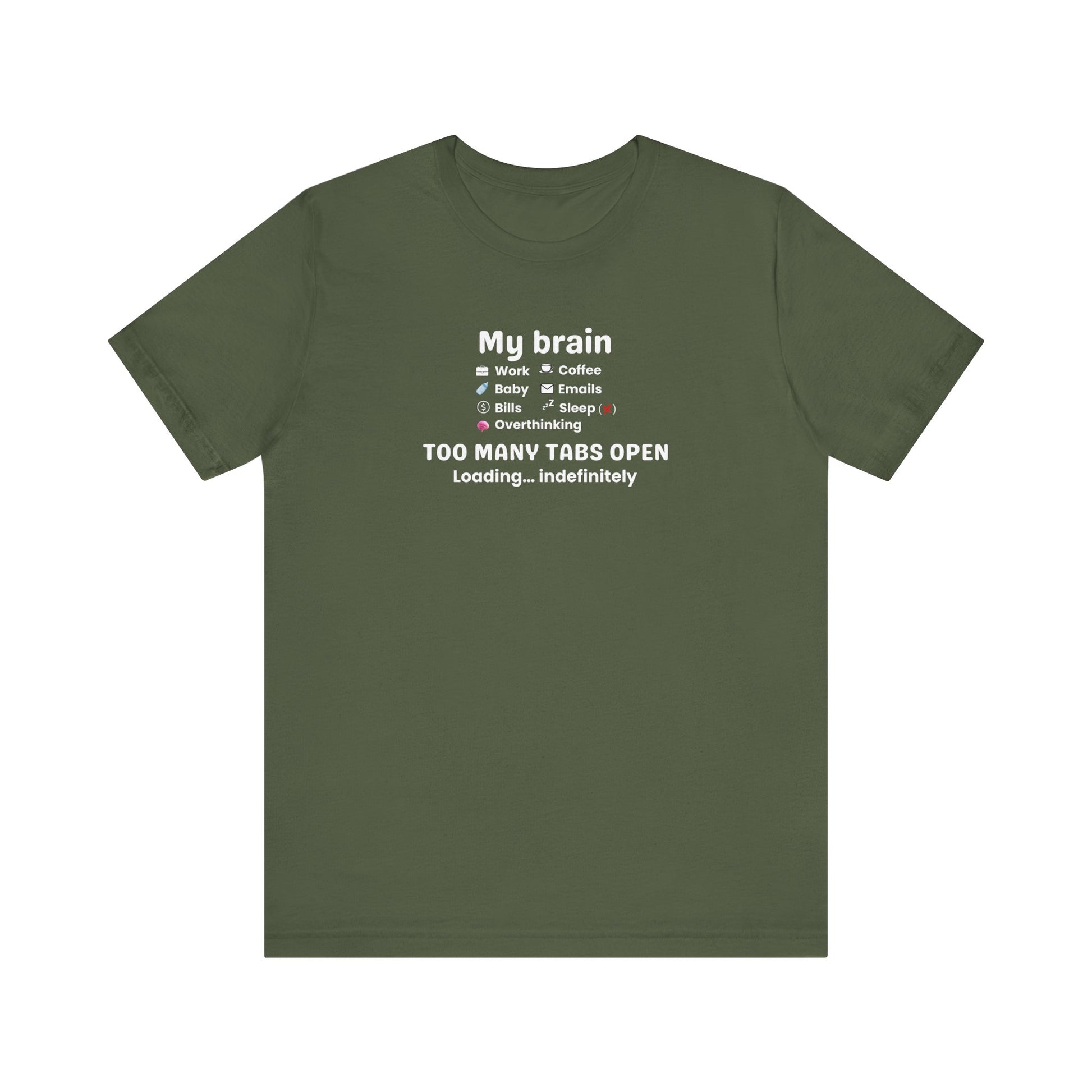 Green t-shirt with white text 'My Brain Has Too Many Tabs Open' on a white background