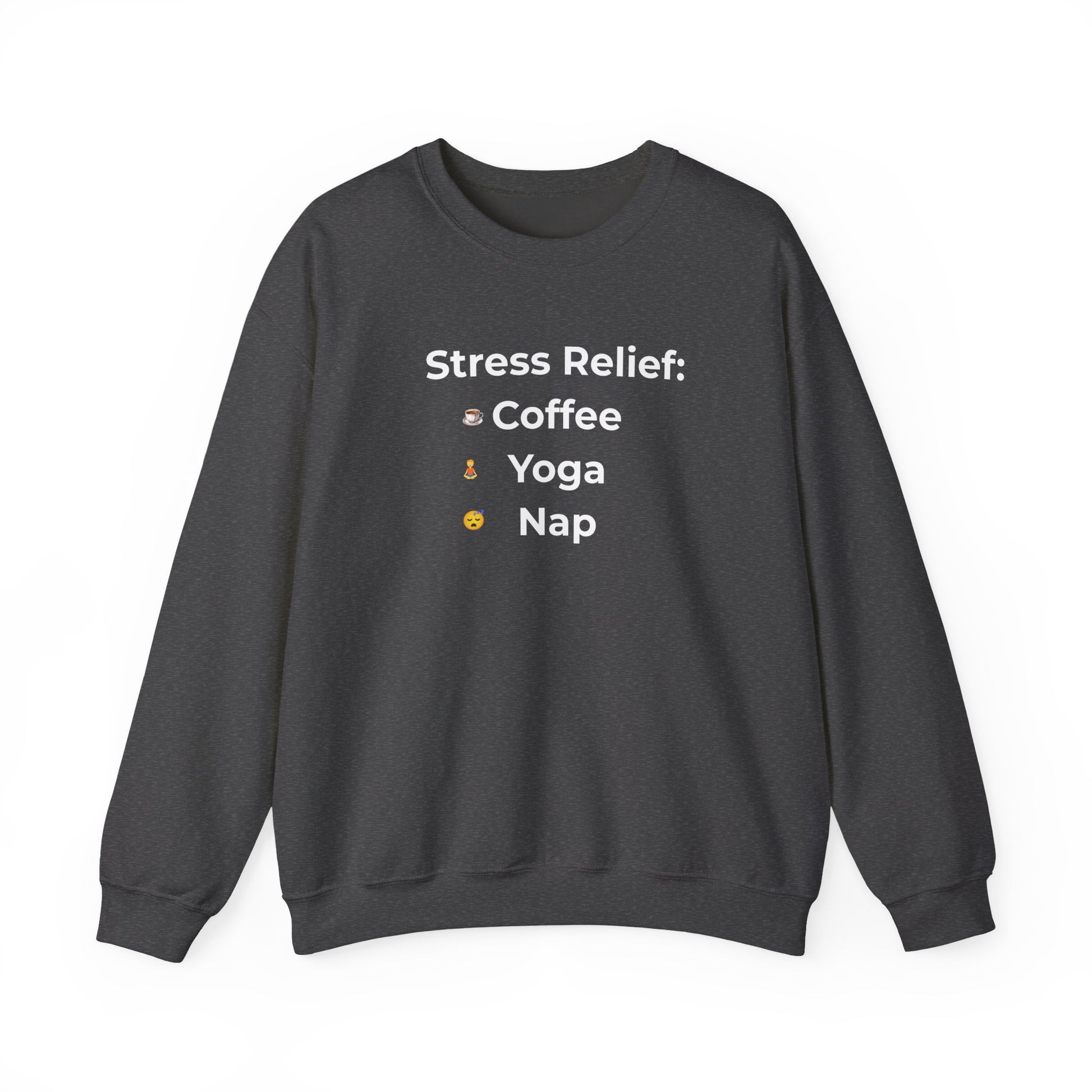 Dark gray sweatshirt with 'Stress Relief' text and icons on a white background