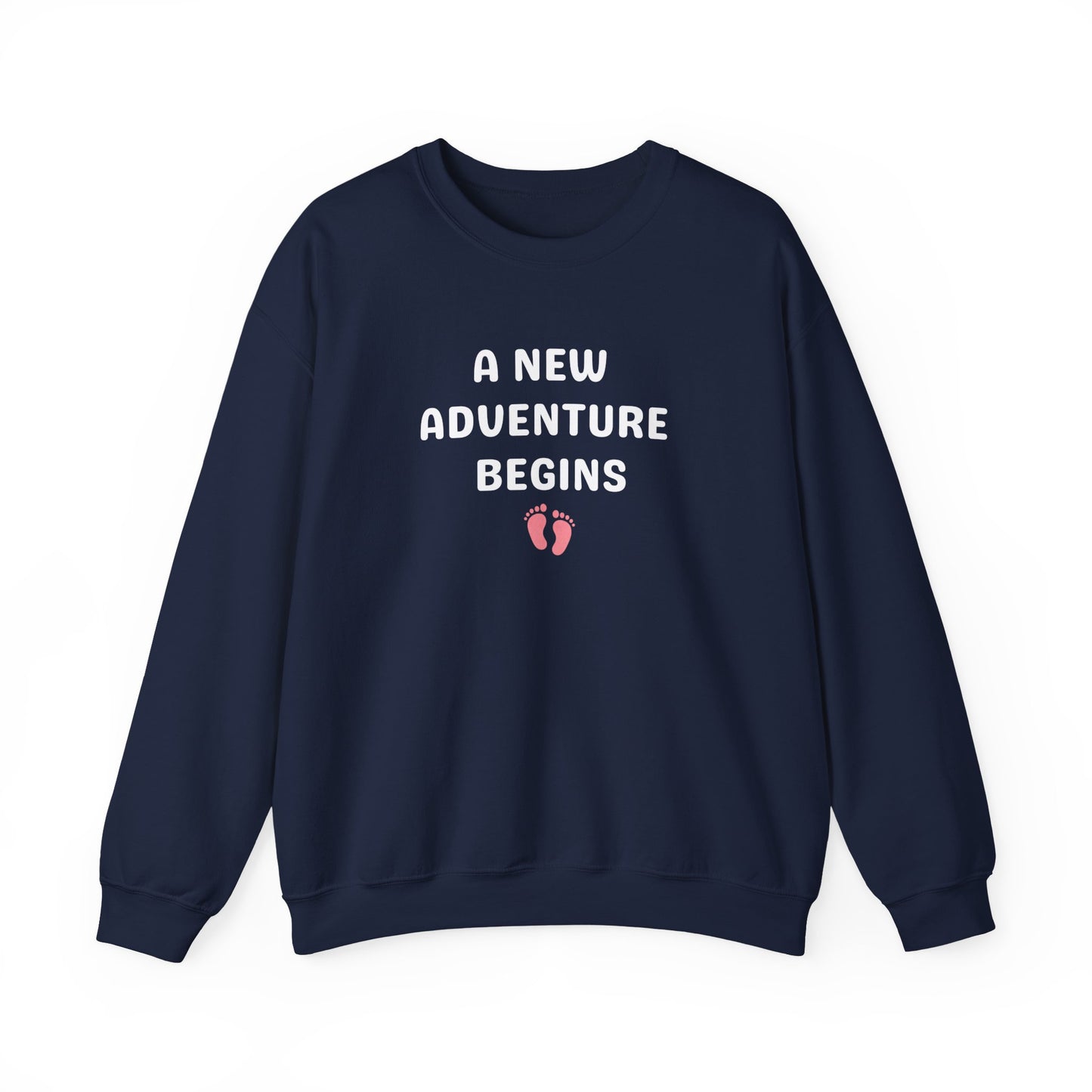 Navy blue sweatshirt with 'A New Adventure Begins' text and footprints on a white background