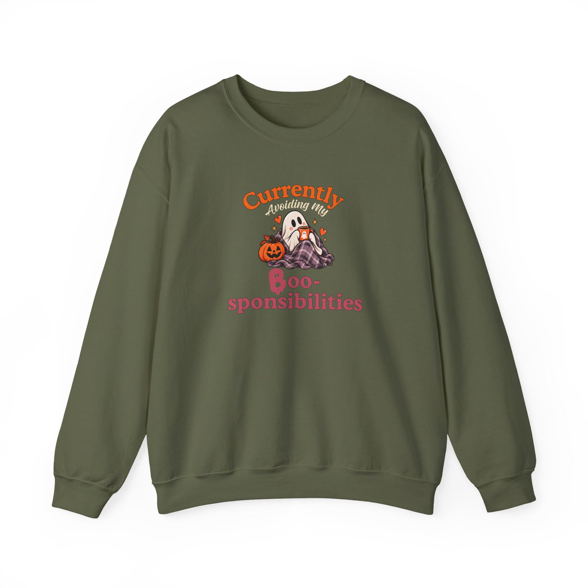 A military green sweatshirt featuring a 'Currently Avoiding My Boo-sponsibilities' graphic in orange and pink text, accompanied by a ghost, pumpkin.