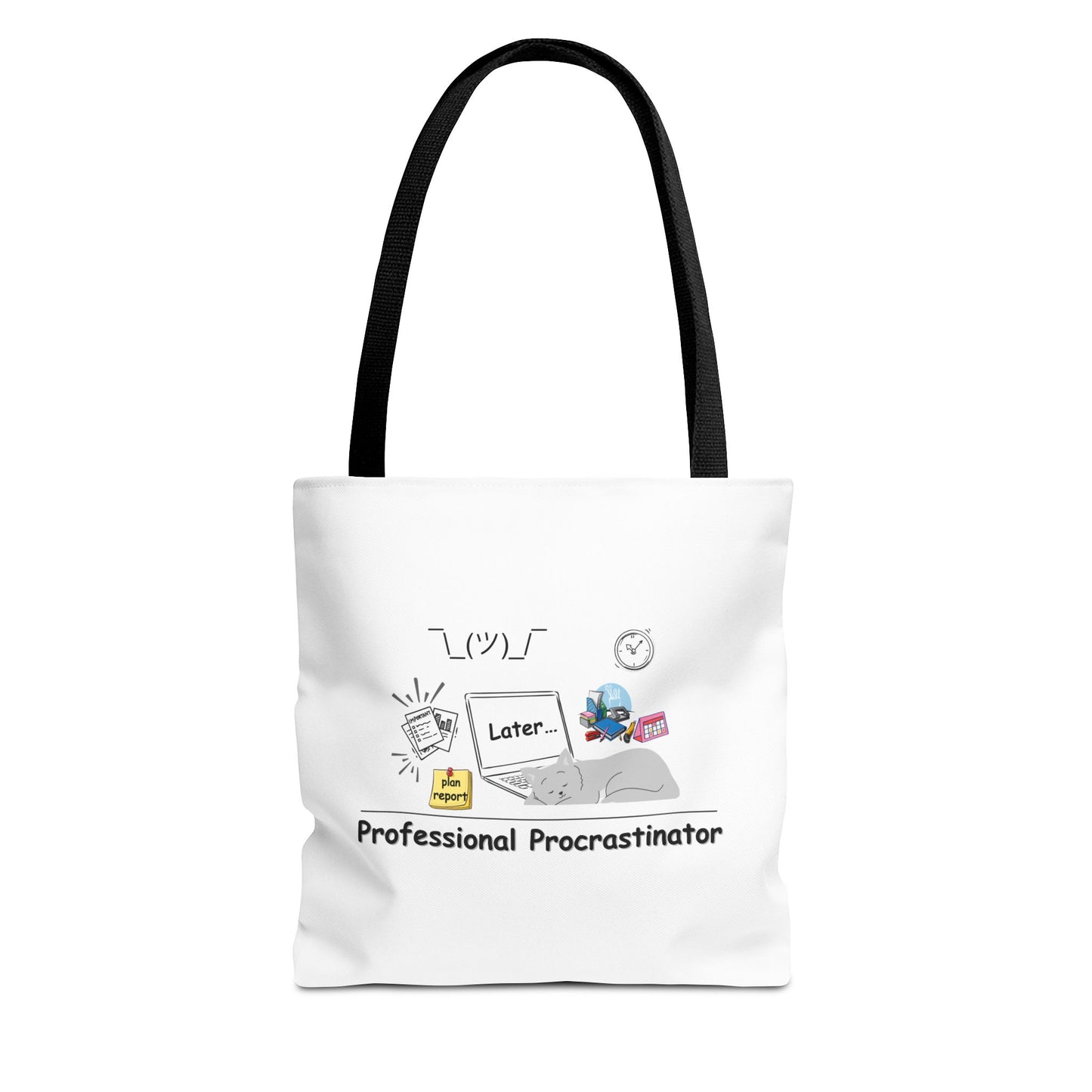 Professional procrastination tote bag design with black handle
