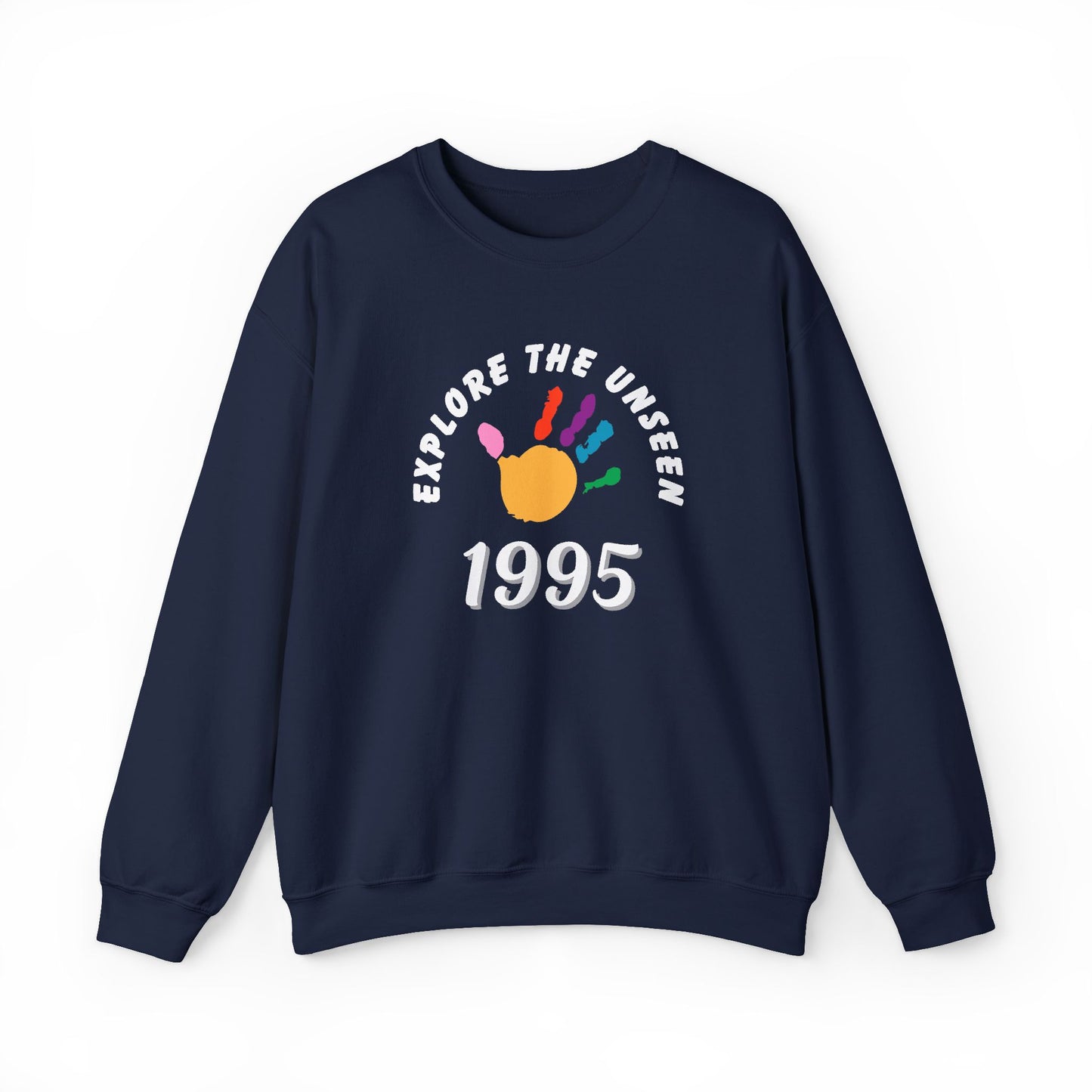 Navy blue sweatshirt with text 'Explore the Unseen' on a white background