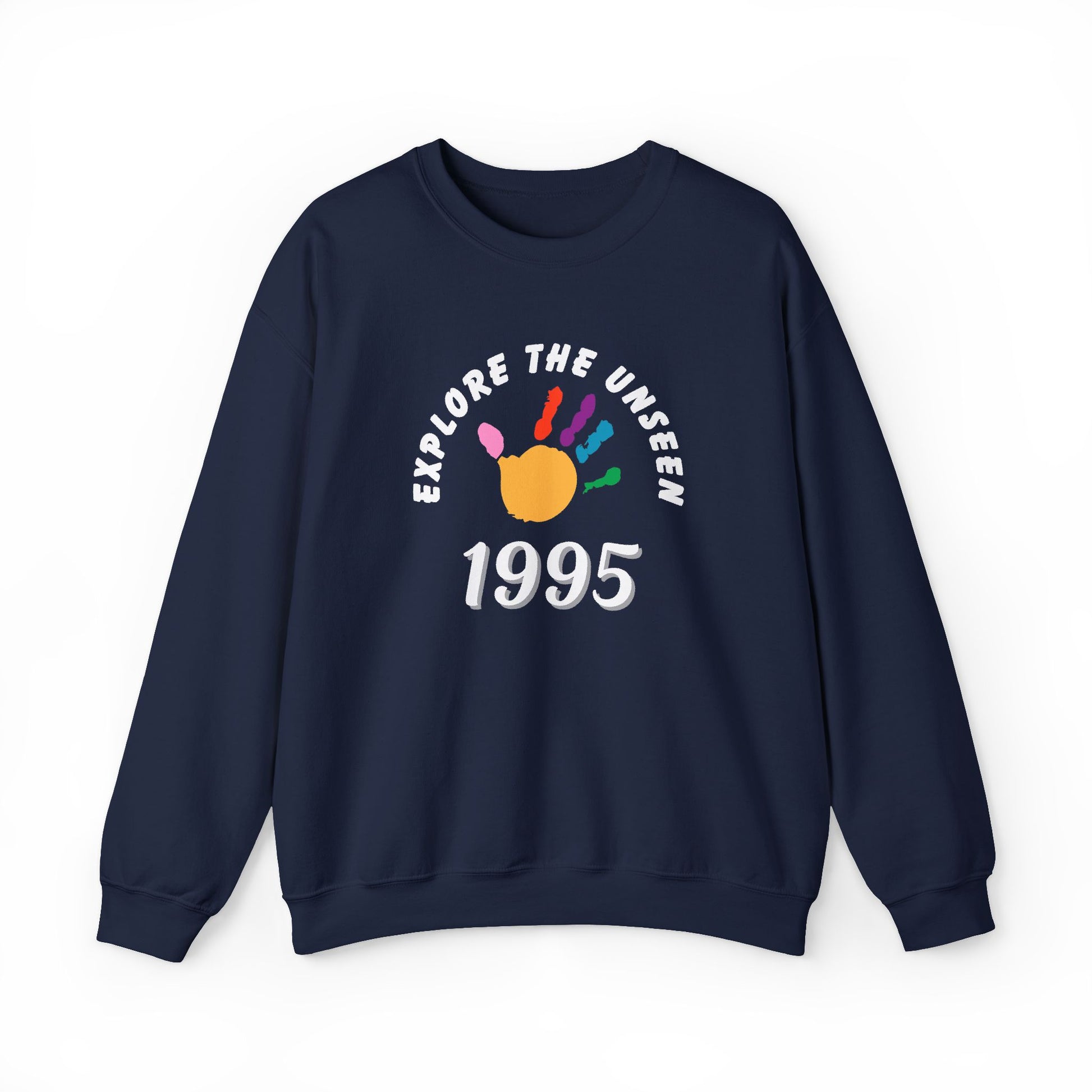 Navy blue sweatshirt with text 'Explore the Unseen' on a white background