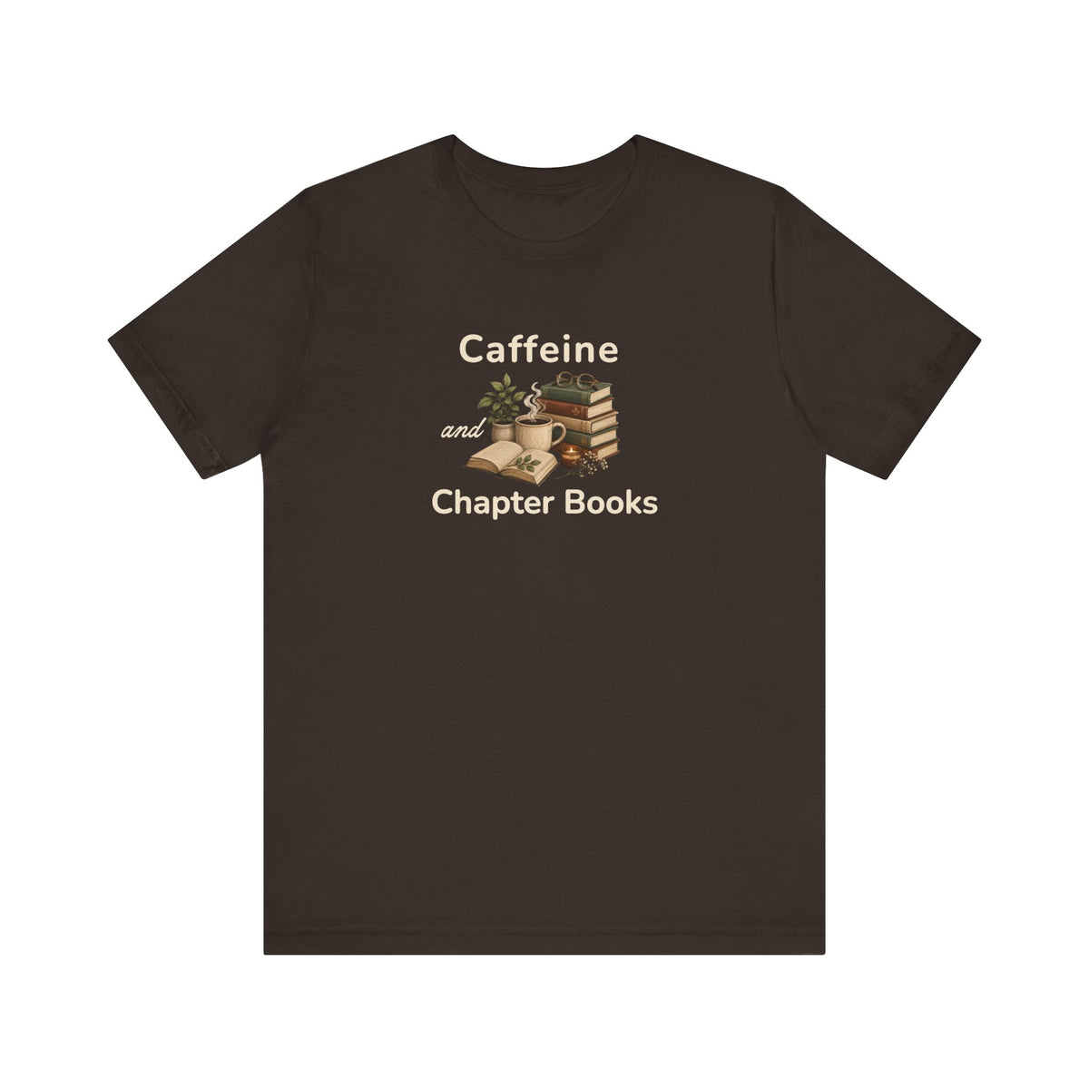 A brown t-shirt with a 'Caffeine and Chapter Books' design on the white background