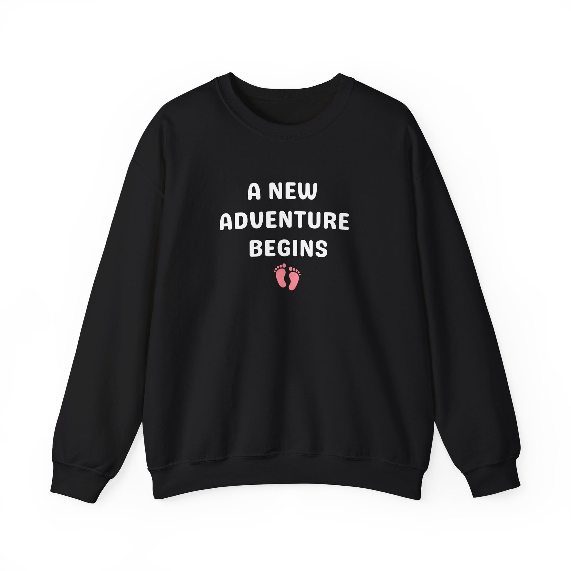 Black sweatshirt with 'A New Adventure Begins' text and footprints on a white background