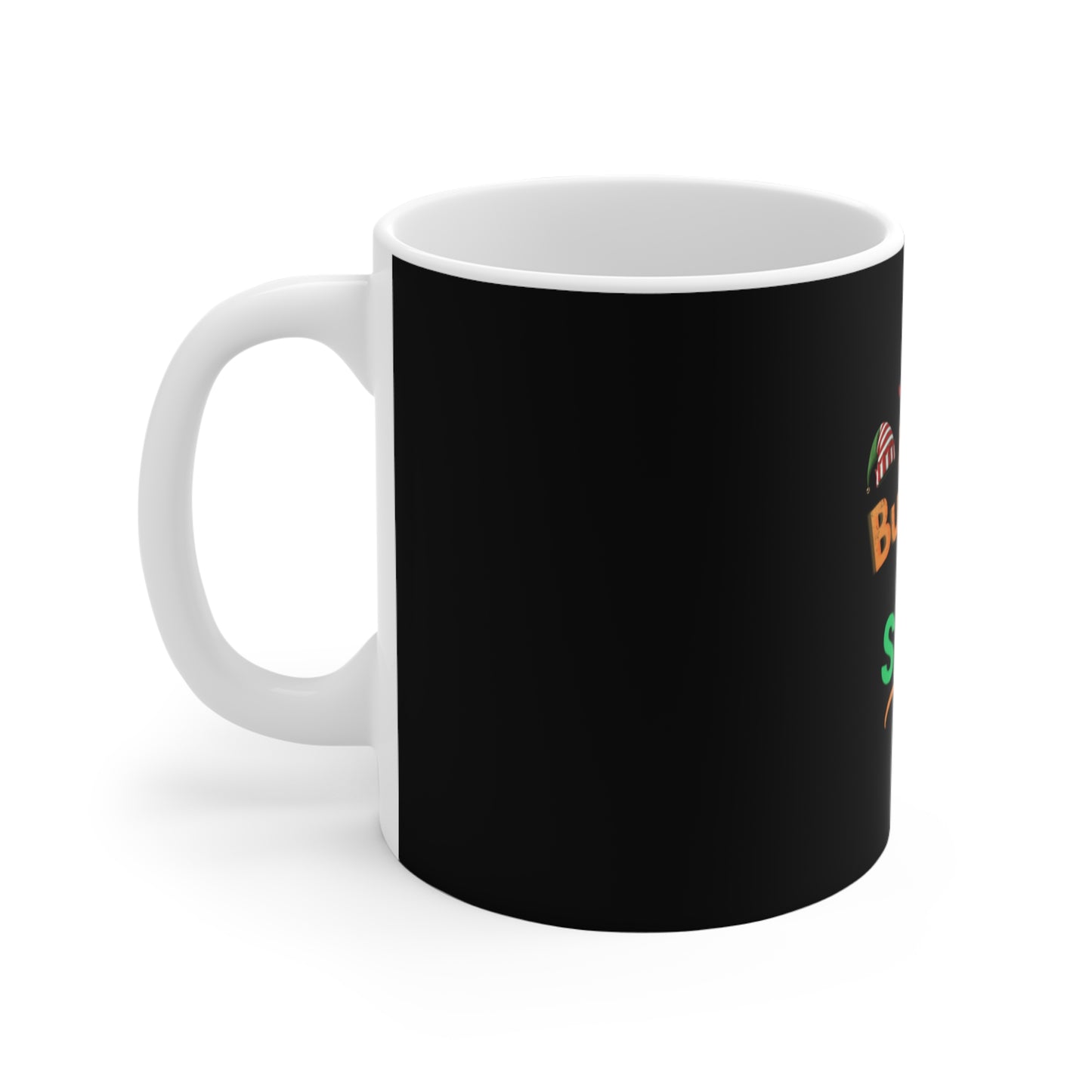 Left side view of black mug with colorful text 'Jingle Bells, Burnout Smells' on a white background