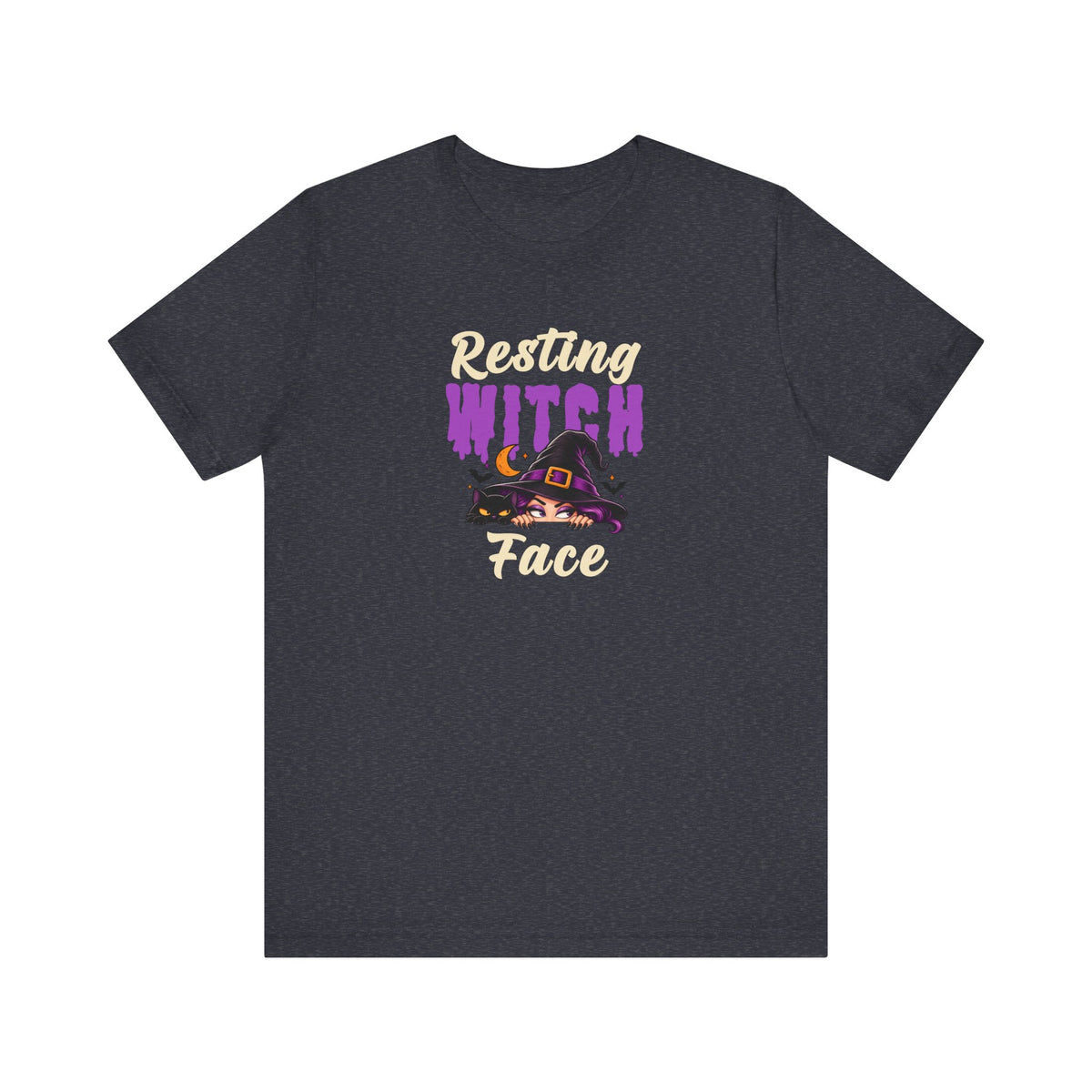 A heather navy t-shirt with a graphic on the chest that reads 'Resting WITCH Face' in beige and purple lettering, featuring a witch hat illustration.