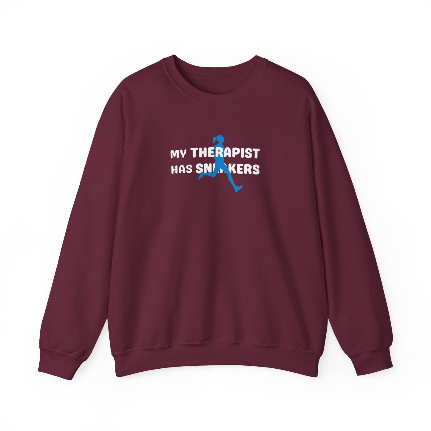 maroon sweatshirt with 'My Therapist Has Sneakers' text and graphic on a white background