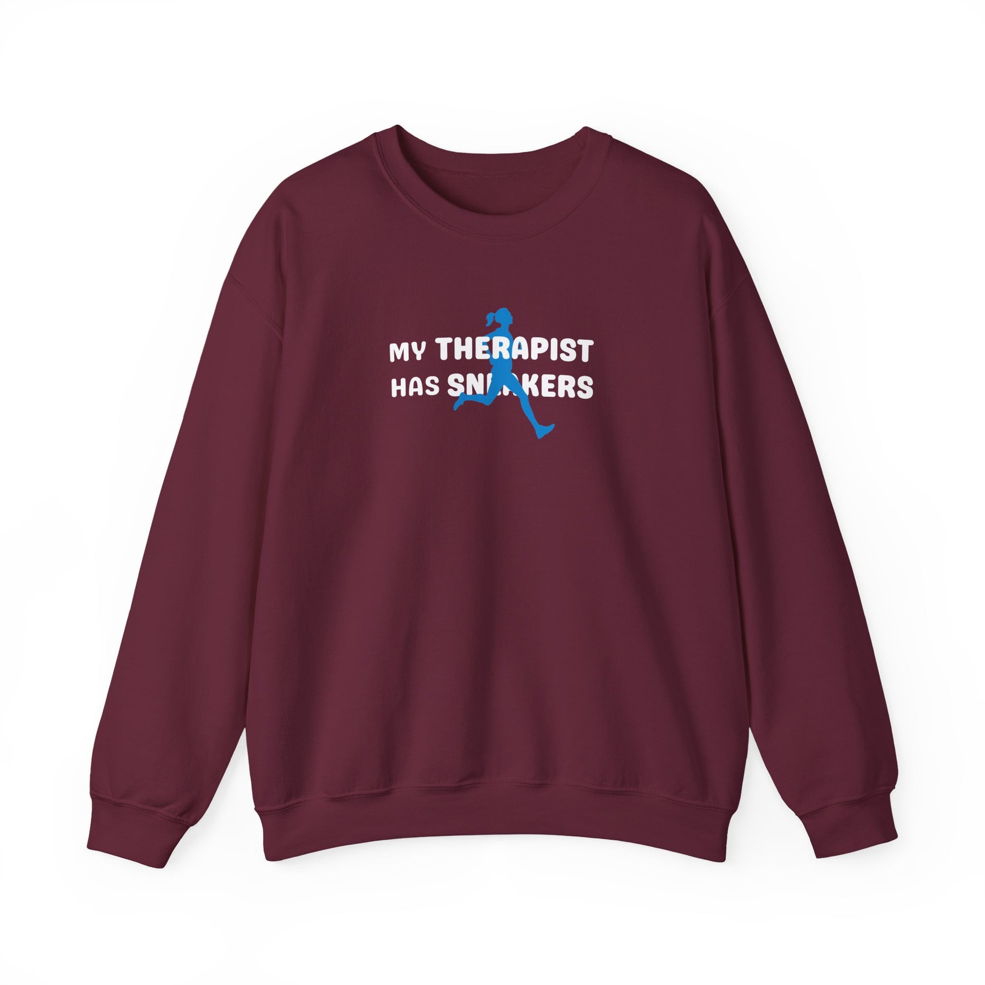 maroon sweatshirt with 'My Therapist Has Sneakers' text and graphic on a white background