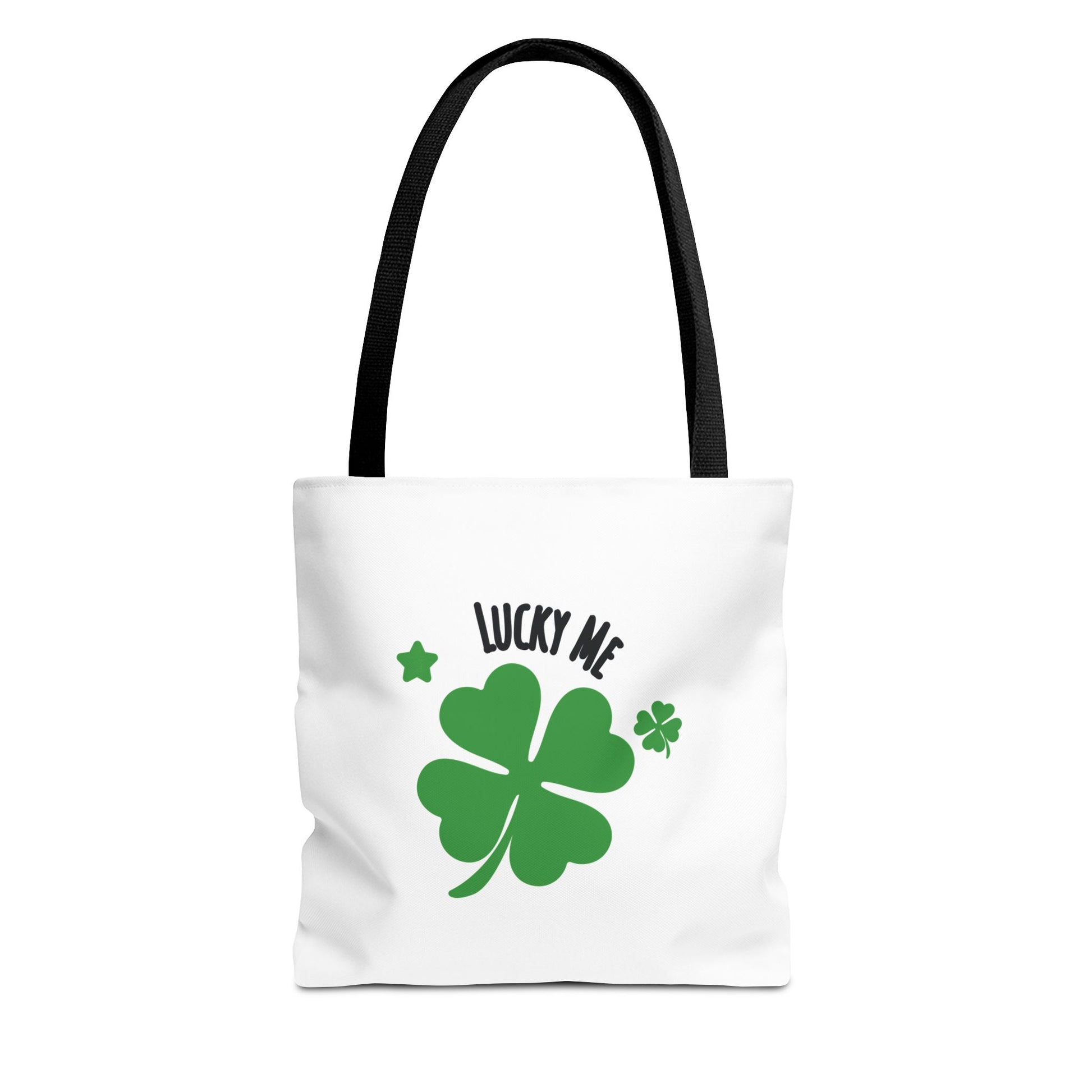 White tote bag with black handle, featuring the text 'Lucky Me' and green four-leaf clover on a white background