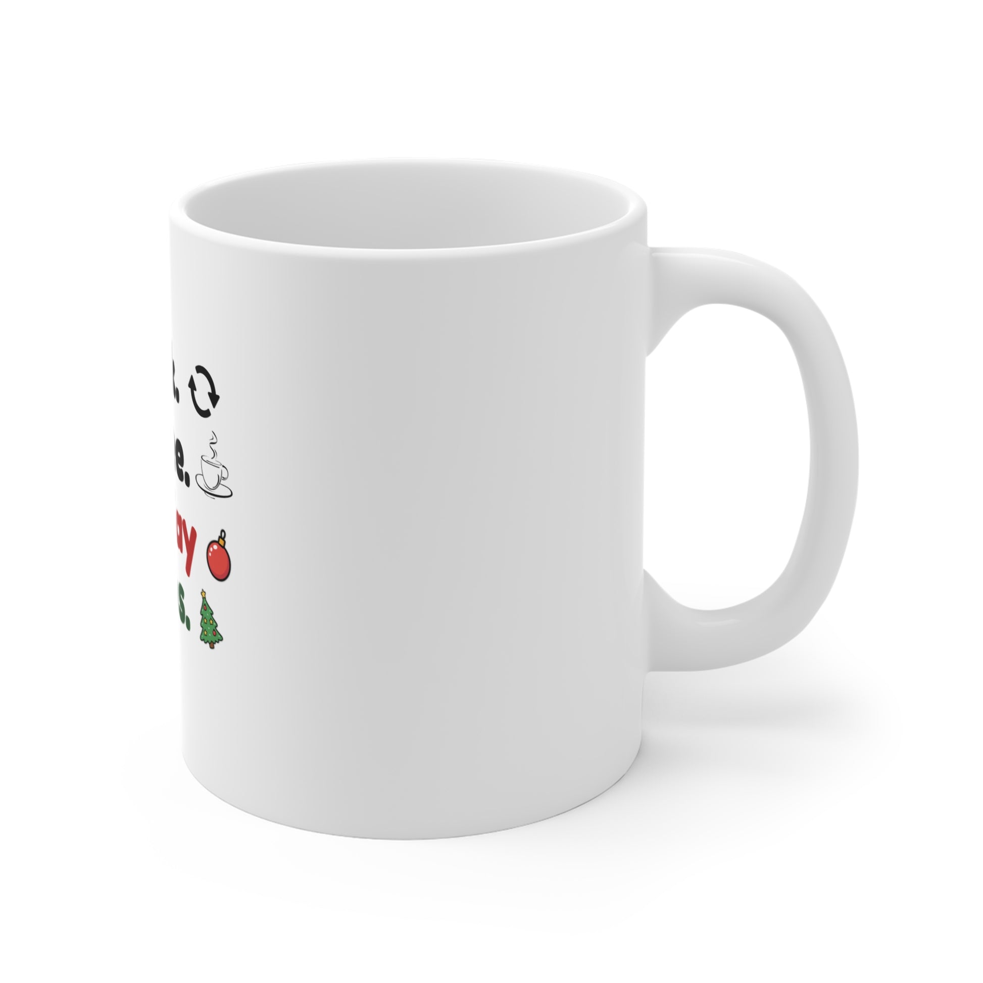Right side of white mug with Christmas-themed text and graphics on a white background