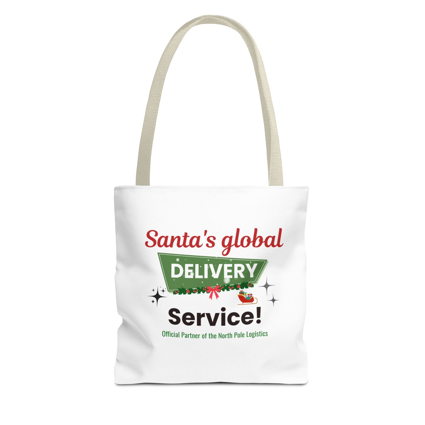 Tote bag with beige handle and 'Santa's global delivery service' text on a white background