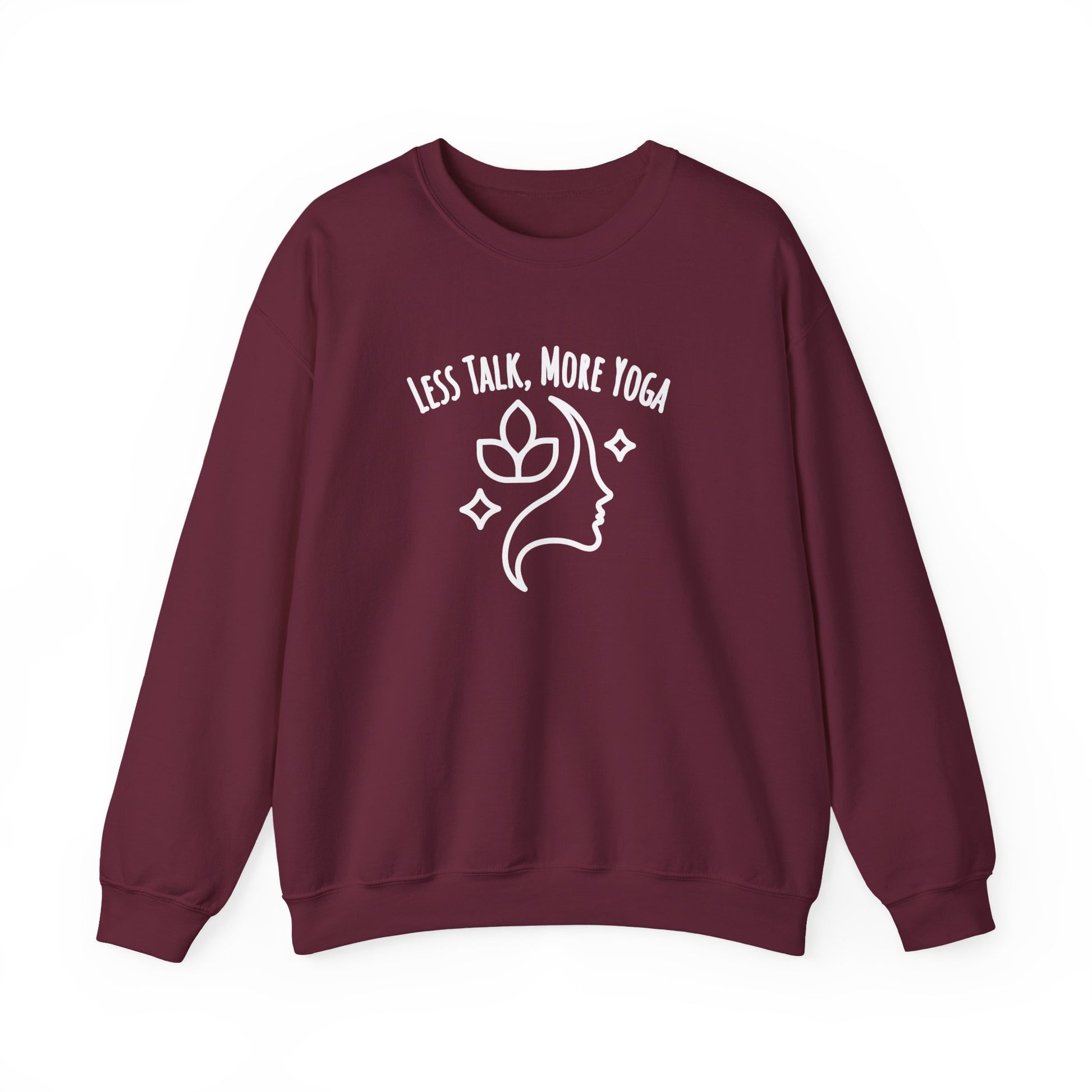 Maroon sweatshirt with white graphic and text 'LESS TALK, MORE YOGA' on a white background