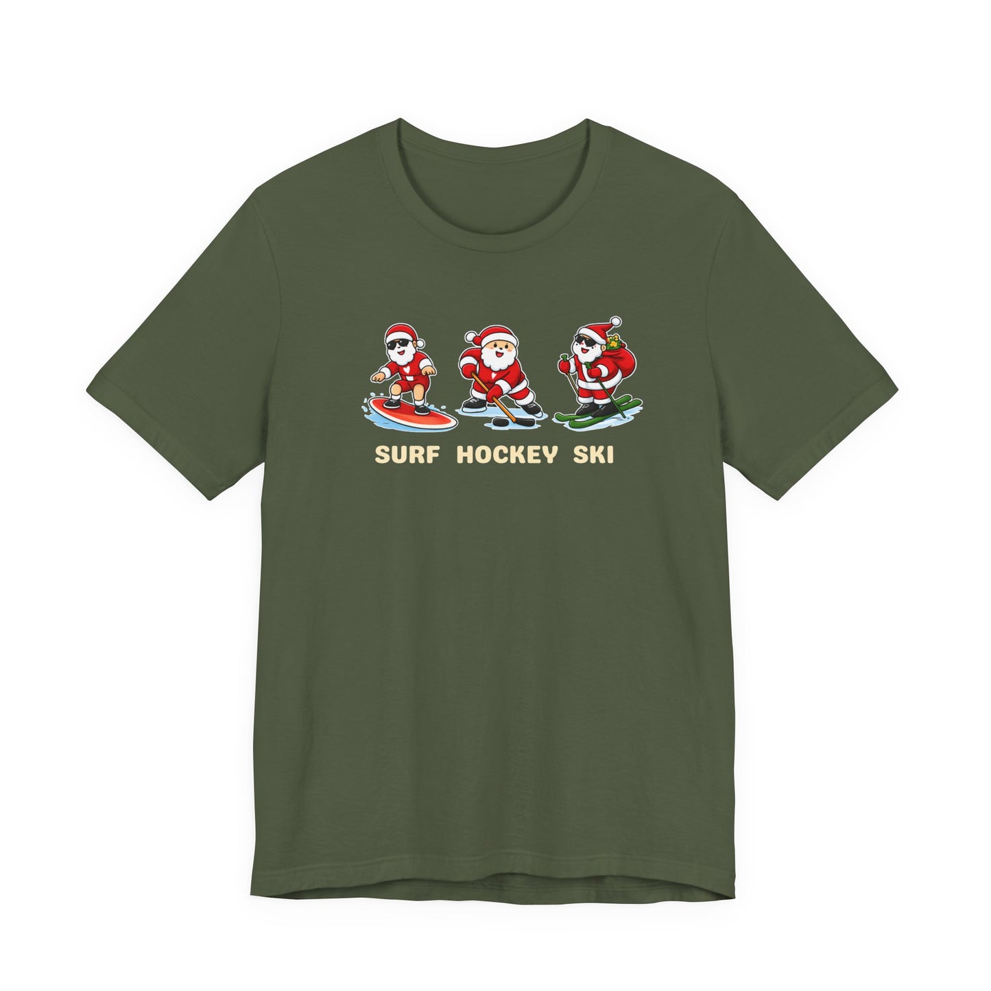 Green t-shirt with Christmas-themed graphic and text on a white background