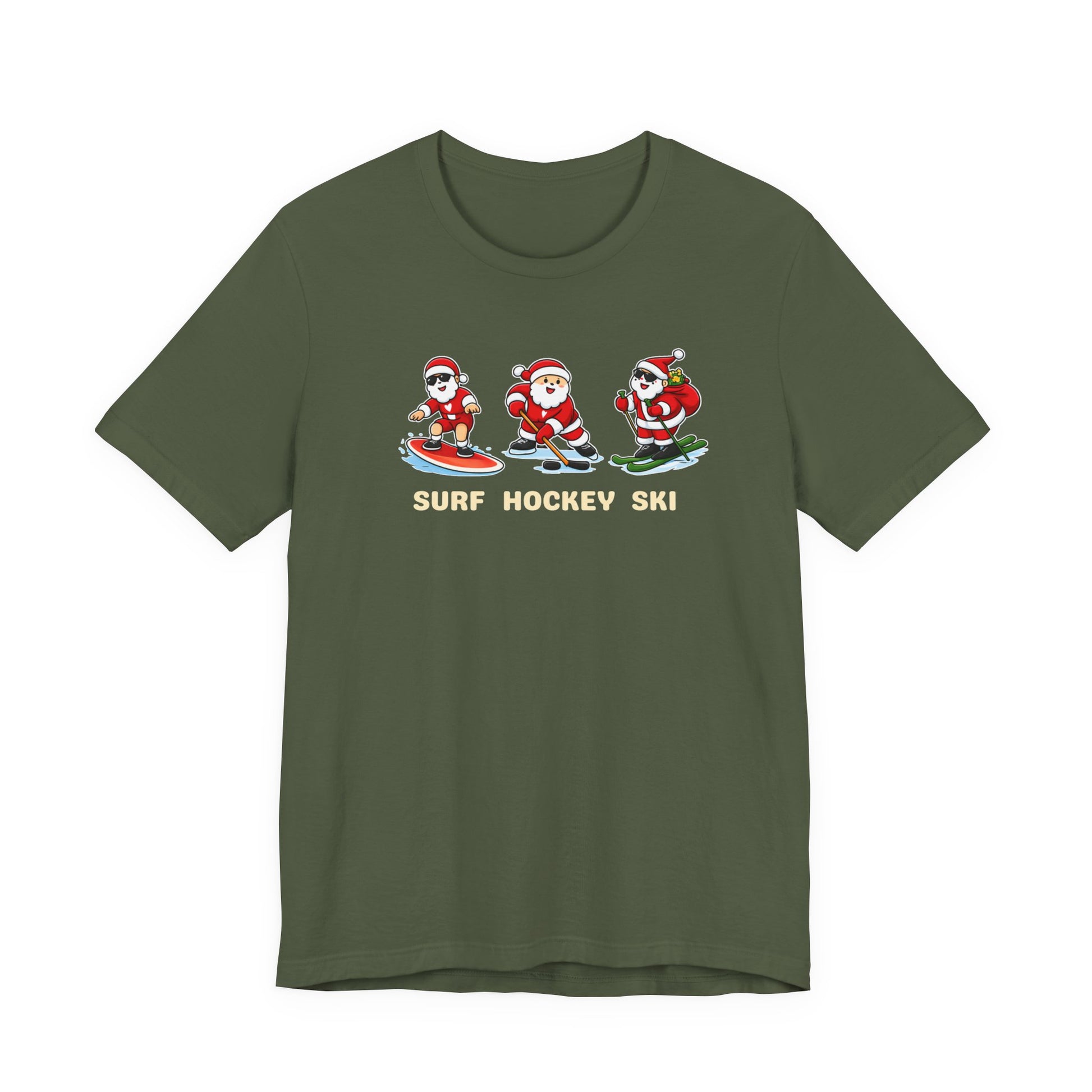 Green t-shirt with Christmas-themed graphic and text on a white background