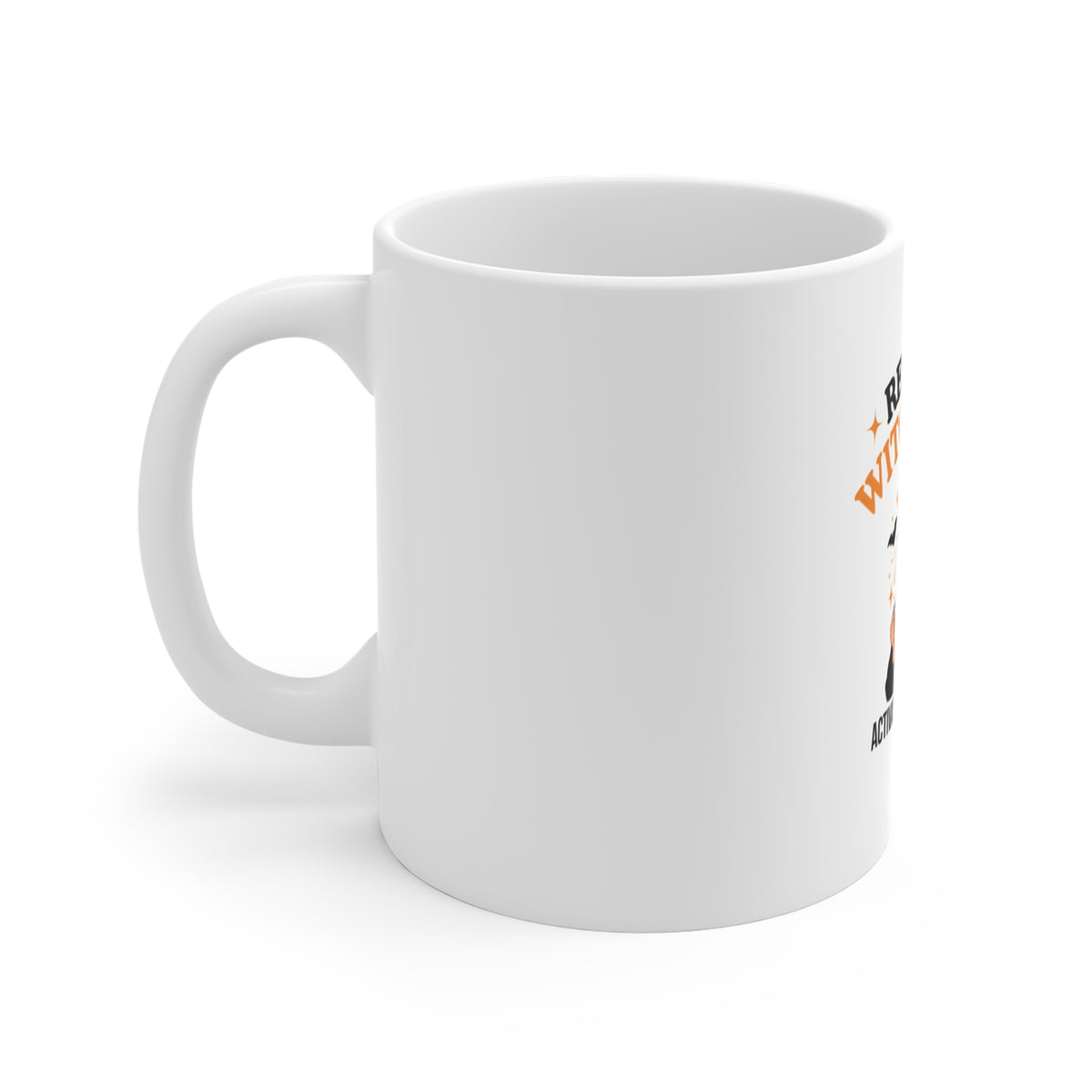 Left side of a white ceramic mug with a Halloween-themed graphic that reads 'Resting Witch Face. Activated by Meetings.' 