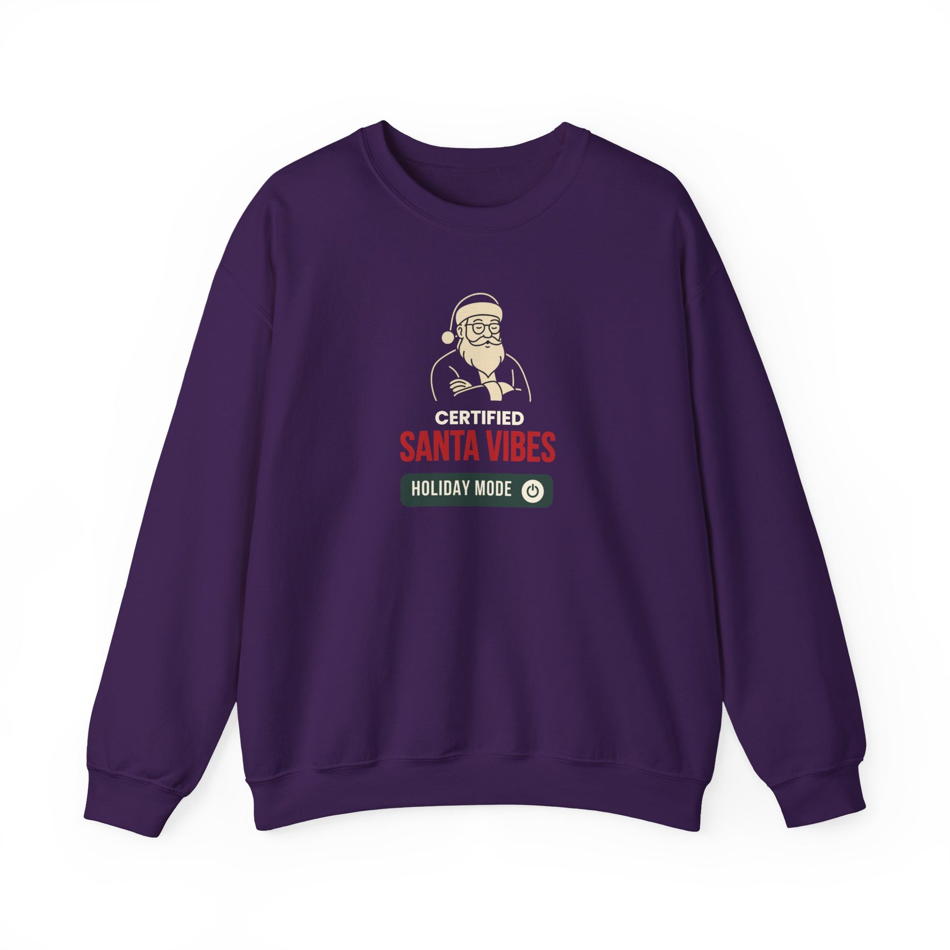 Purple sweatshirt featuring the text 'Certified Santa Vibes Holiday Mode' on a white background.