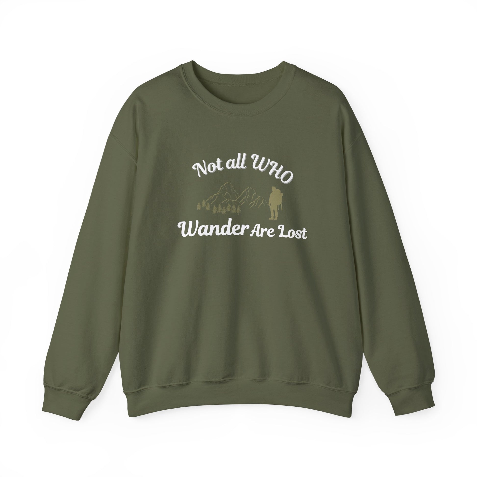 Green sweatshirt with text 'Not all who wander are lost' and graphic on a white background