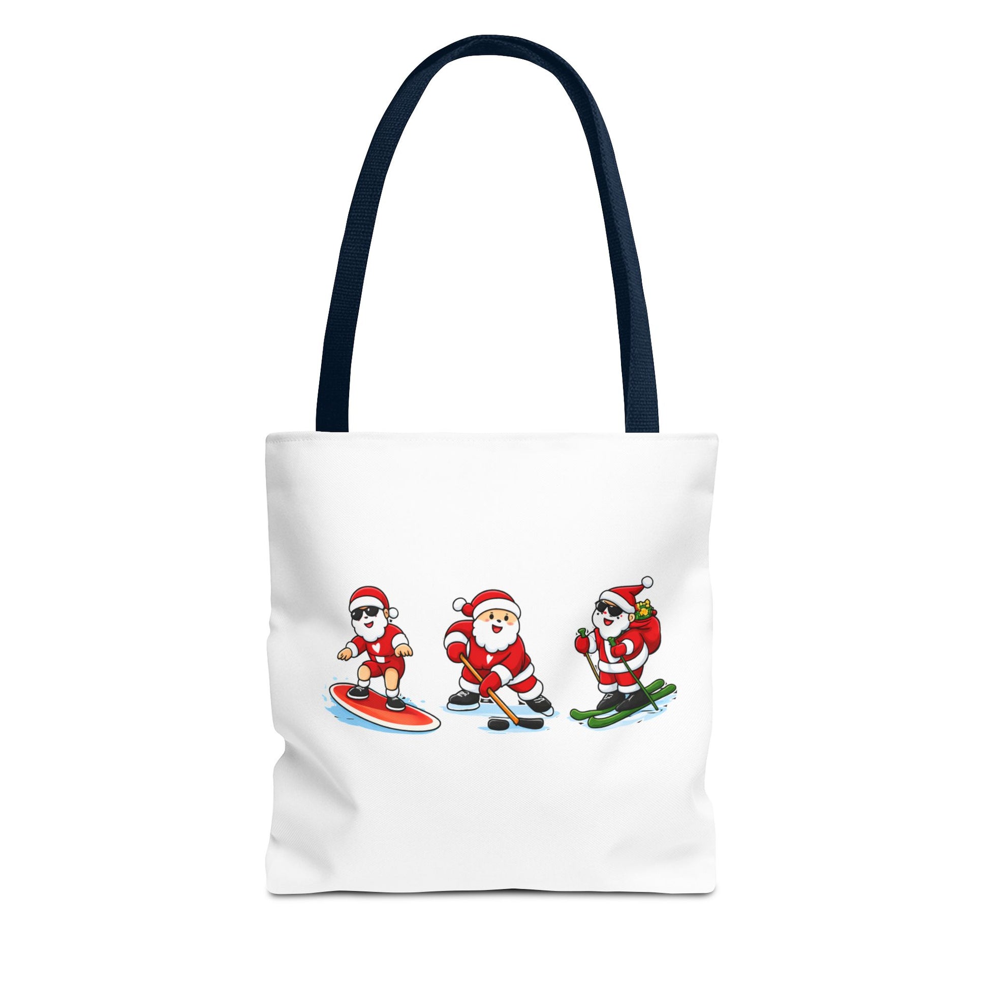 Tote bag with navy handle and cartoon Santa Claus designs on a white background