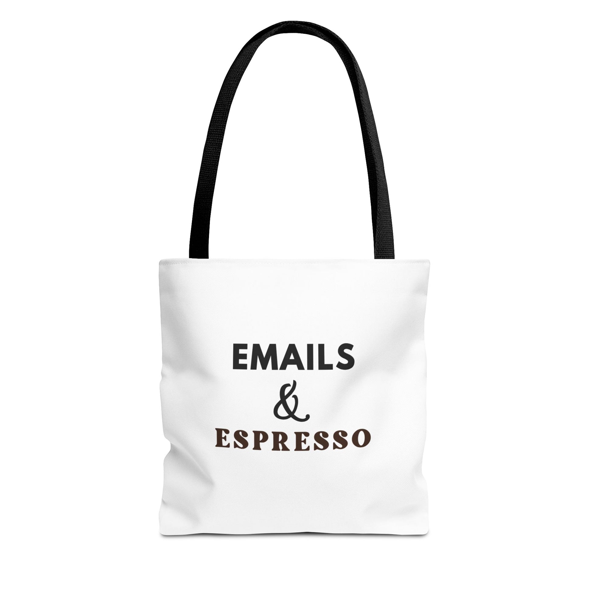 White tote bag with black handles and text 'EMAILS & ESPRESSO' on a white background