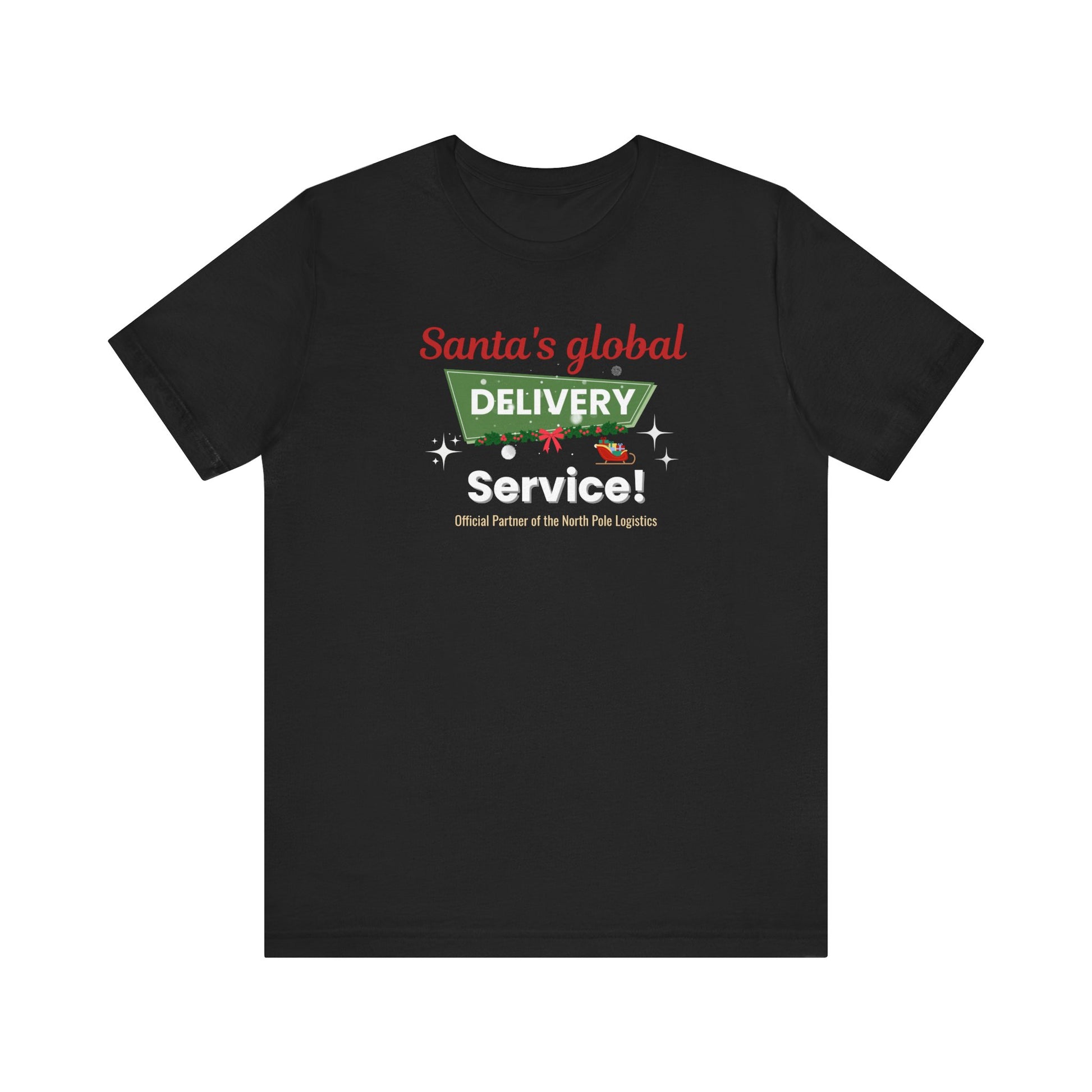 Black t-shirt with 'Santa's global delivery service' text and graphic on a white background