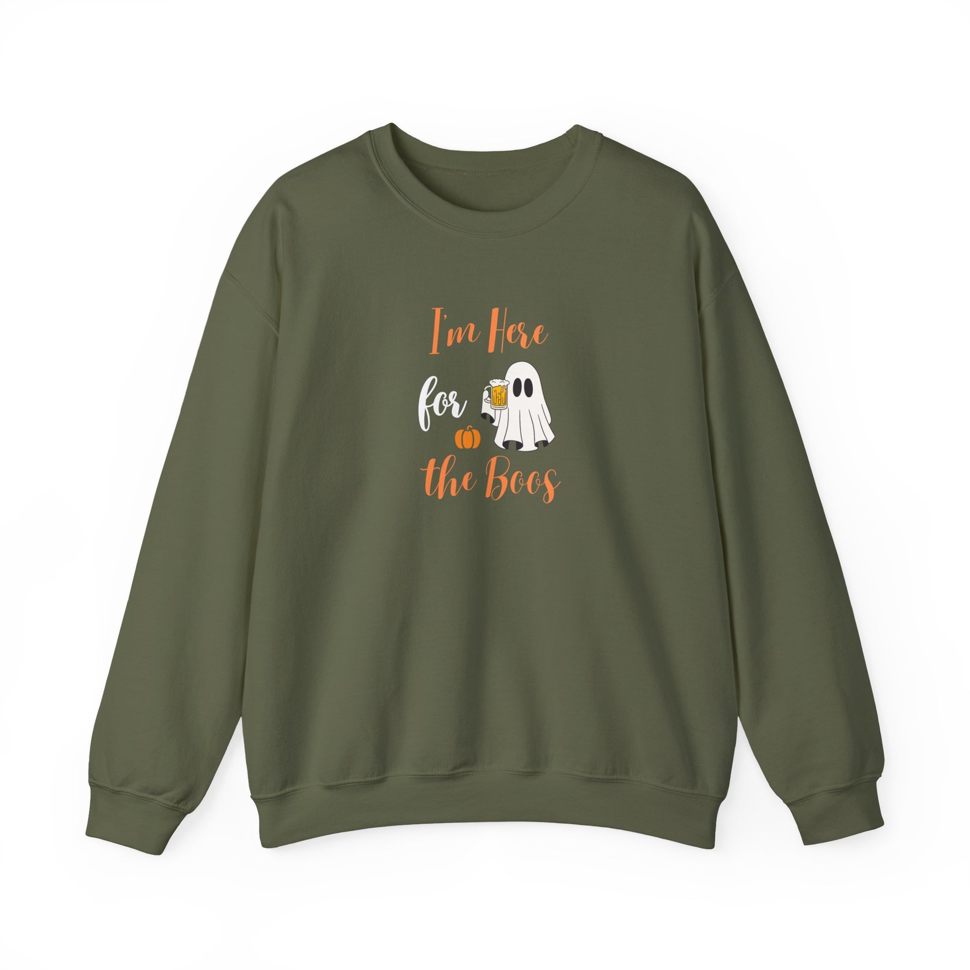 Green blue sweatshirt with text 'I’m Here for the Boos' on a white background