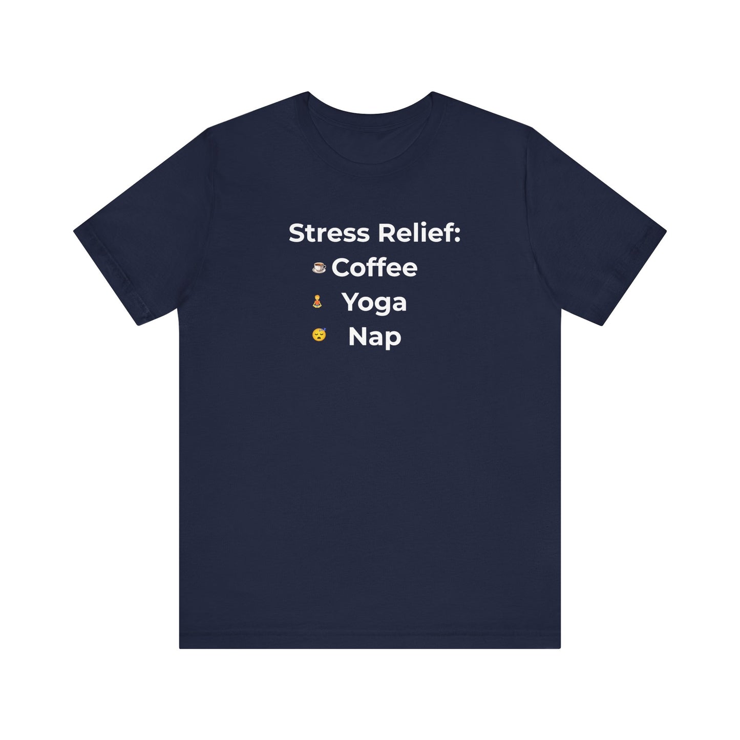 Navy blue t-shirt design with 'Stress Relief' text and icons on a white background