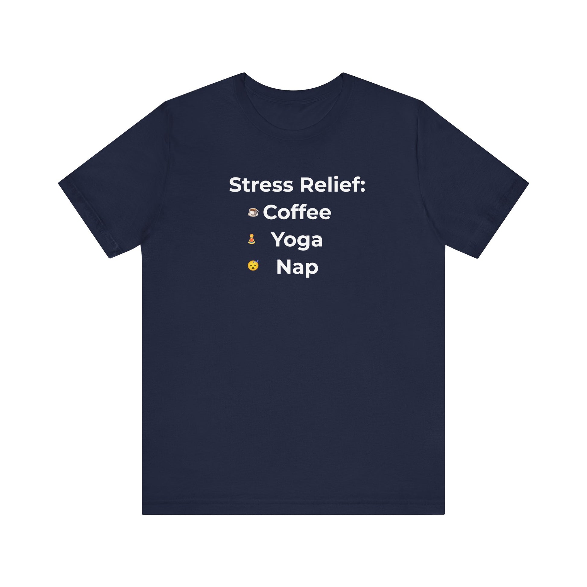 Navy blue t-shirt design with 'Stress Relief' text and icons on a white background
