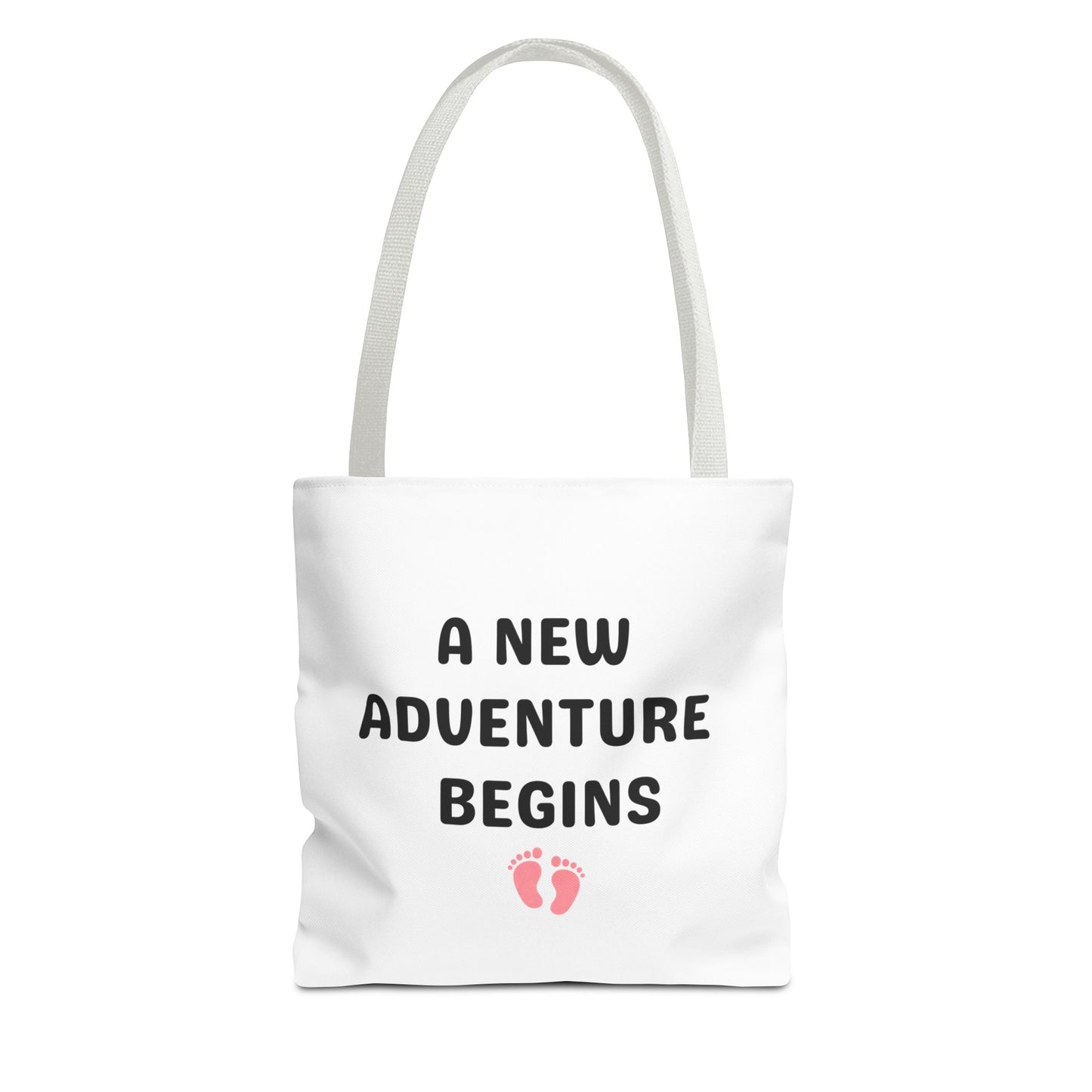 Tote bag with white handle and text 'A New Adventure Begins' and footprints on a white background