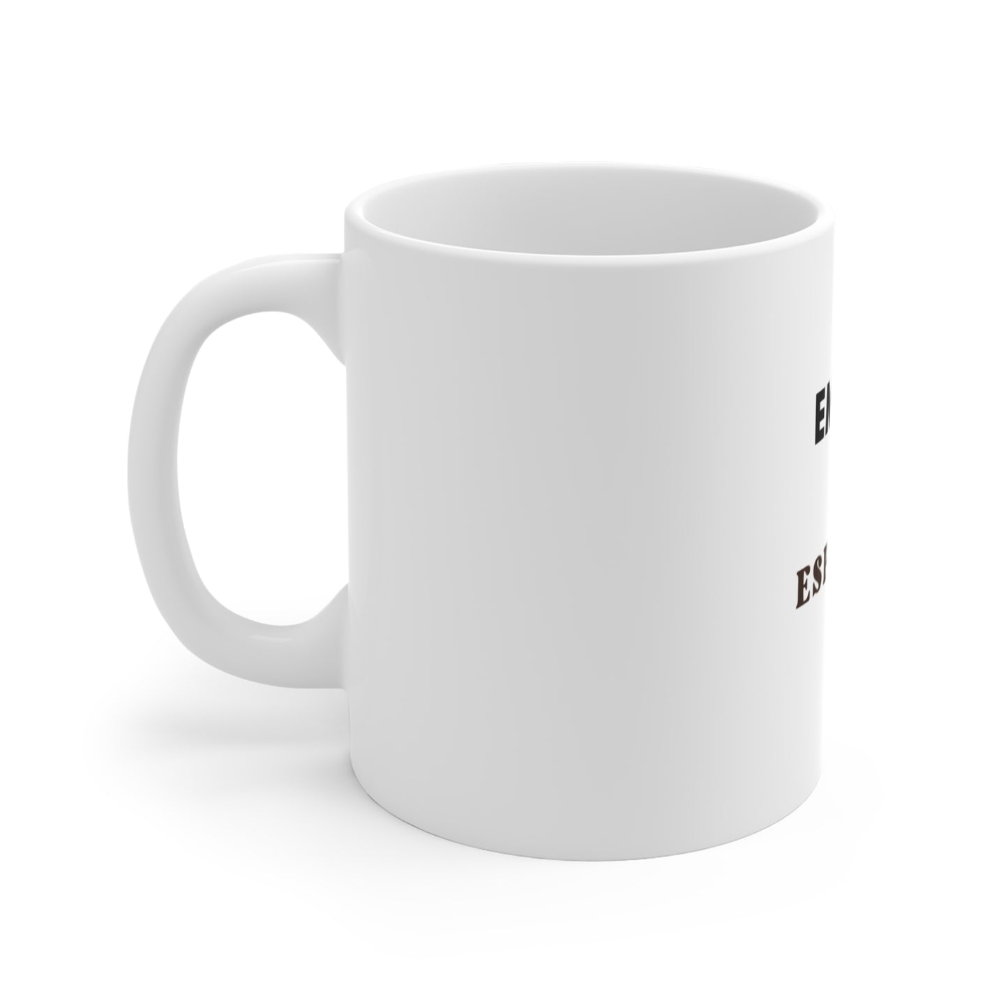 Left side view of a white mug with text 'EMAILS & ESPRESSO' on a white background