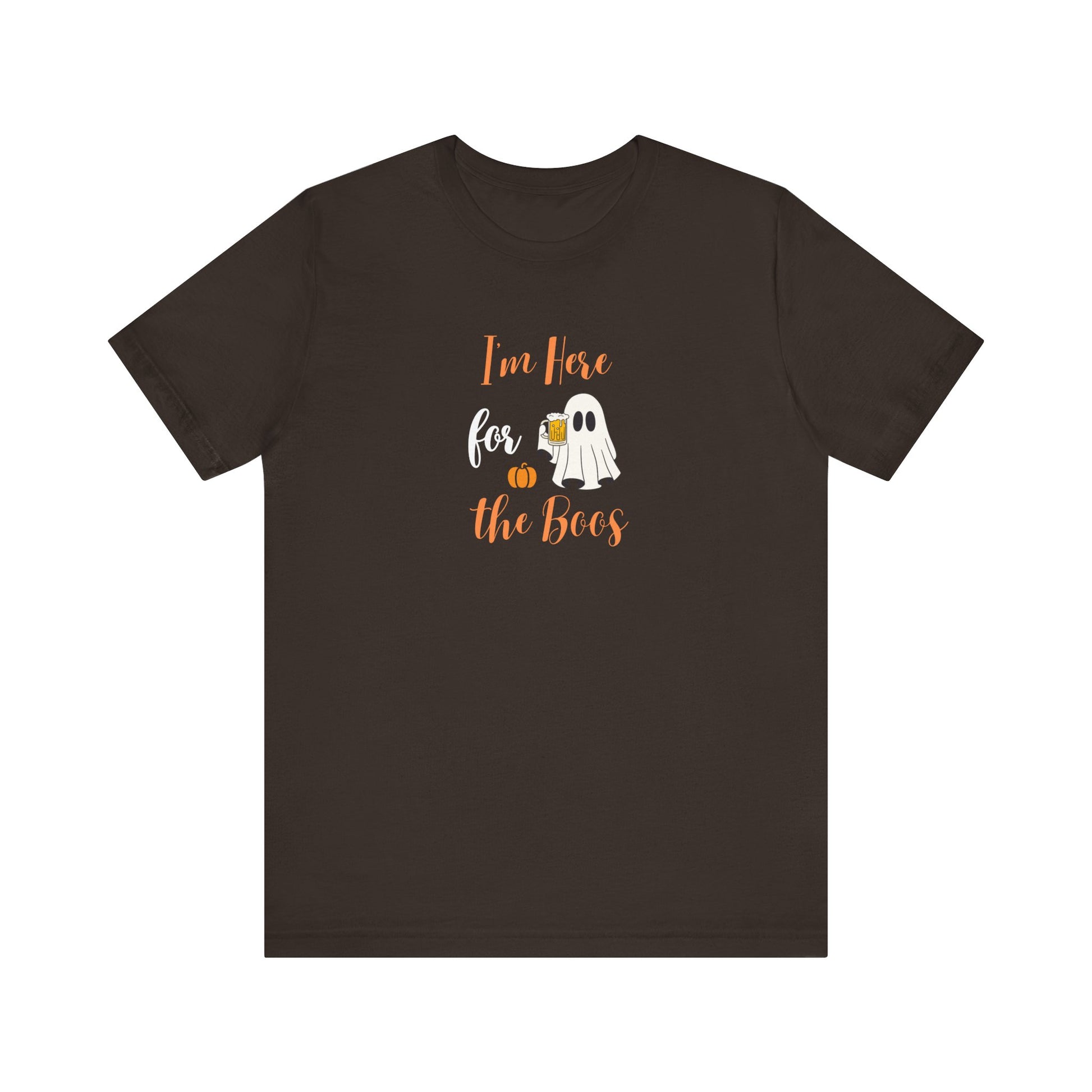 Brown t-shirt with Halloween-themed design featuring a ghost and pumpkin on a white background