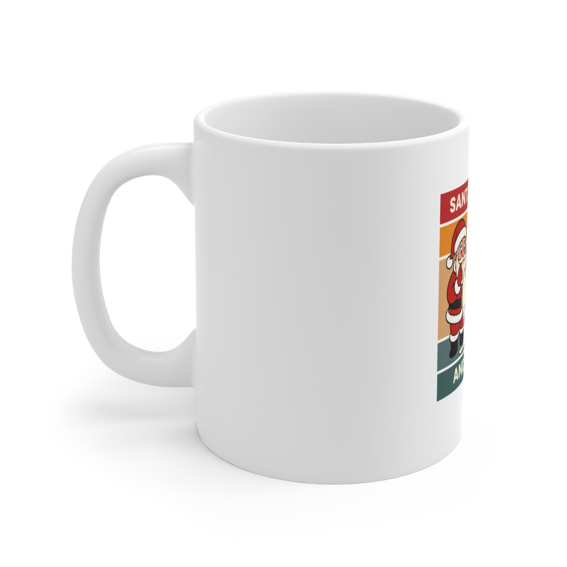 Left side view of white mug with a graphic of Santa Claus on a white background