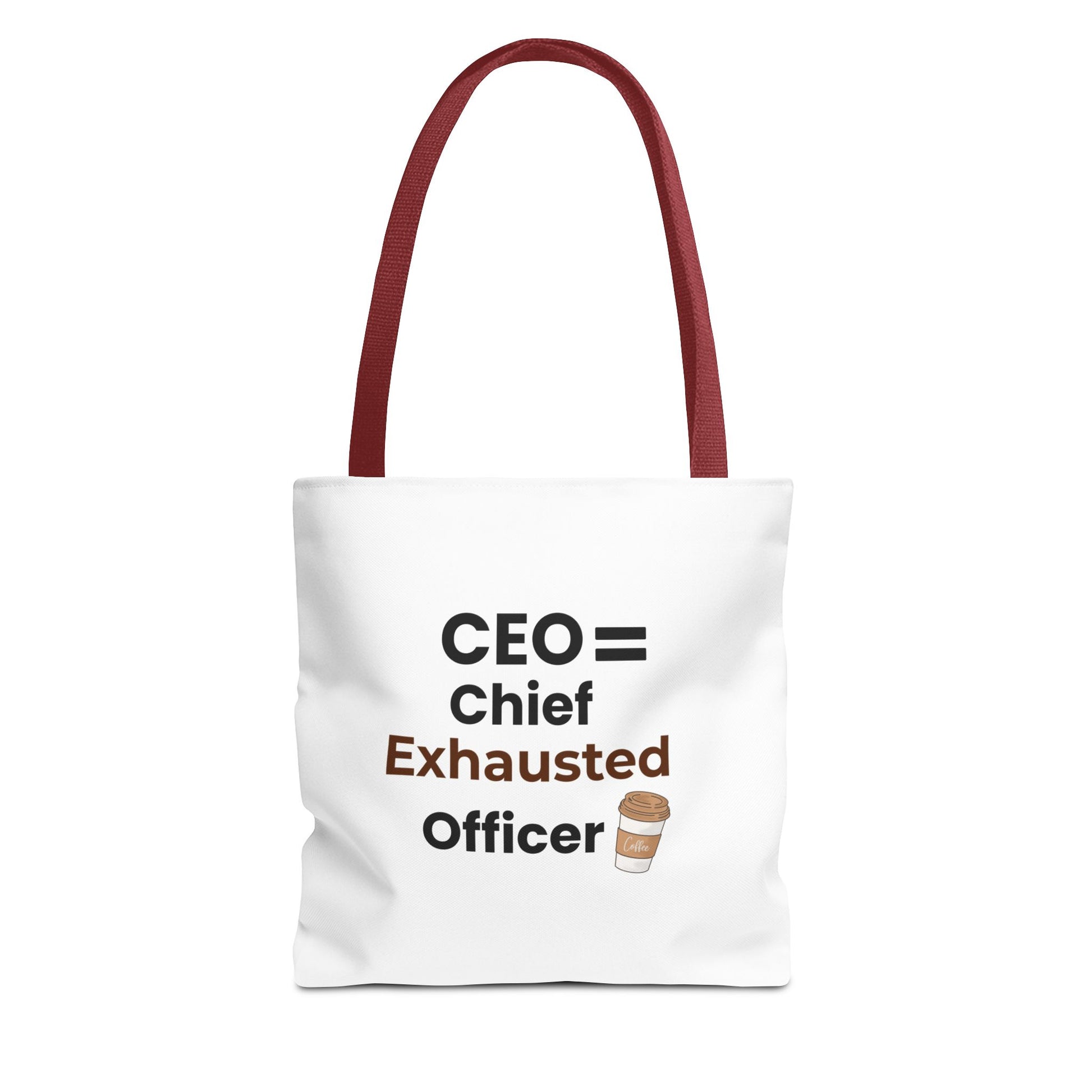 White tote bag with red handle and text 'CEO = Chief Exhausted Officer' on a white background