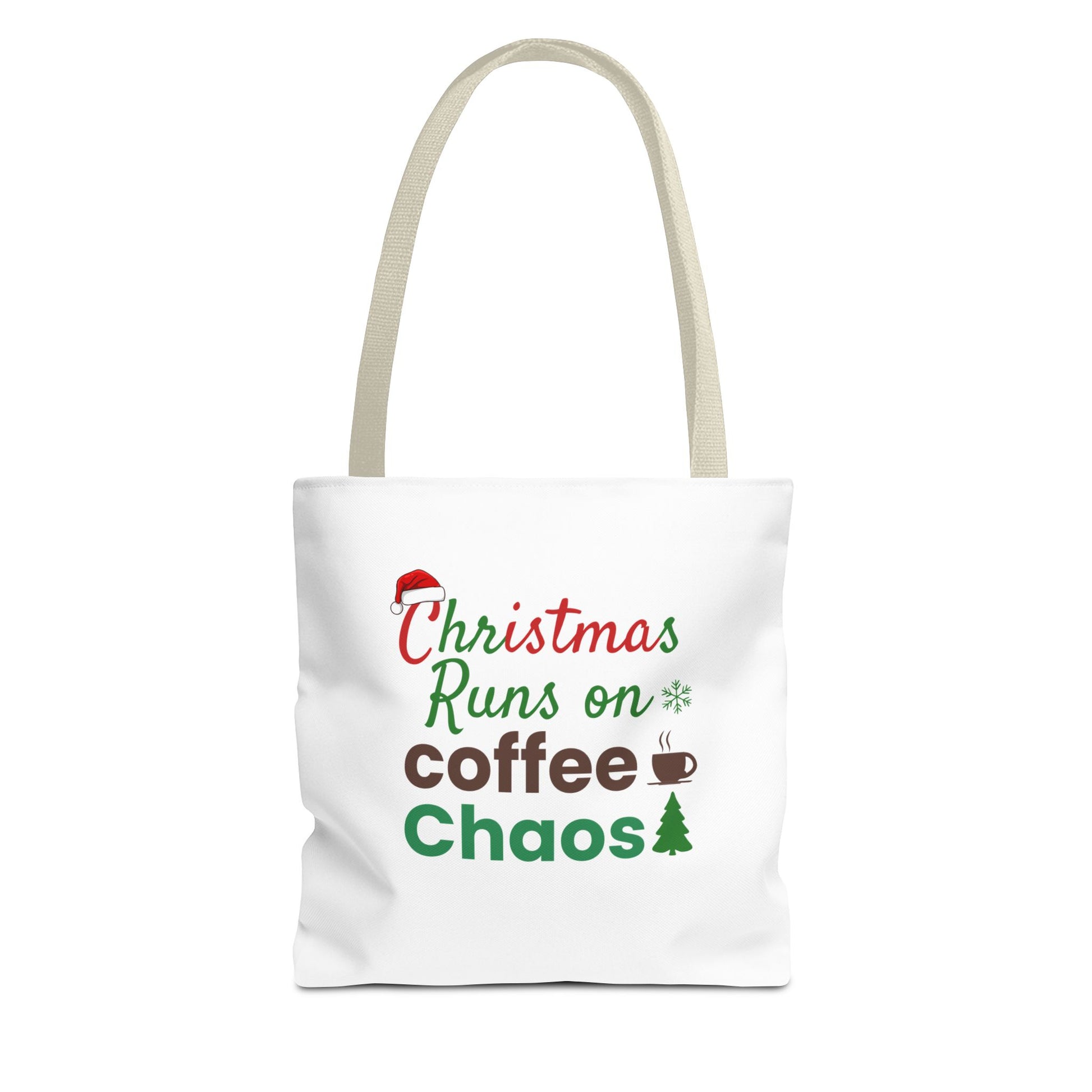 White tote bag with beige handle Christmas-themed text and graphics on a white background