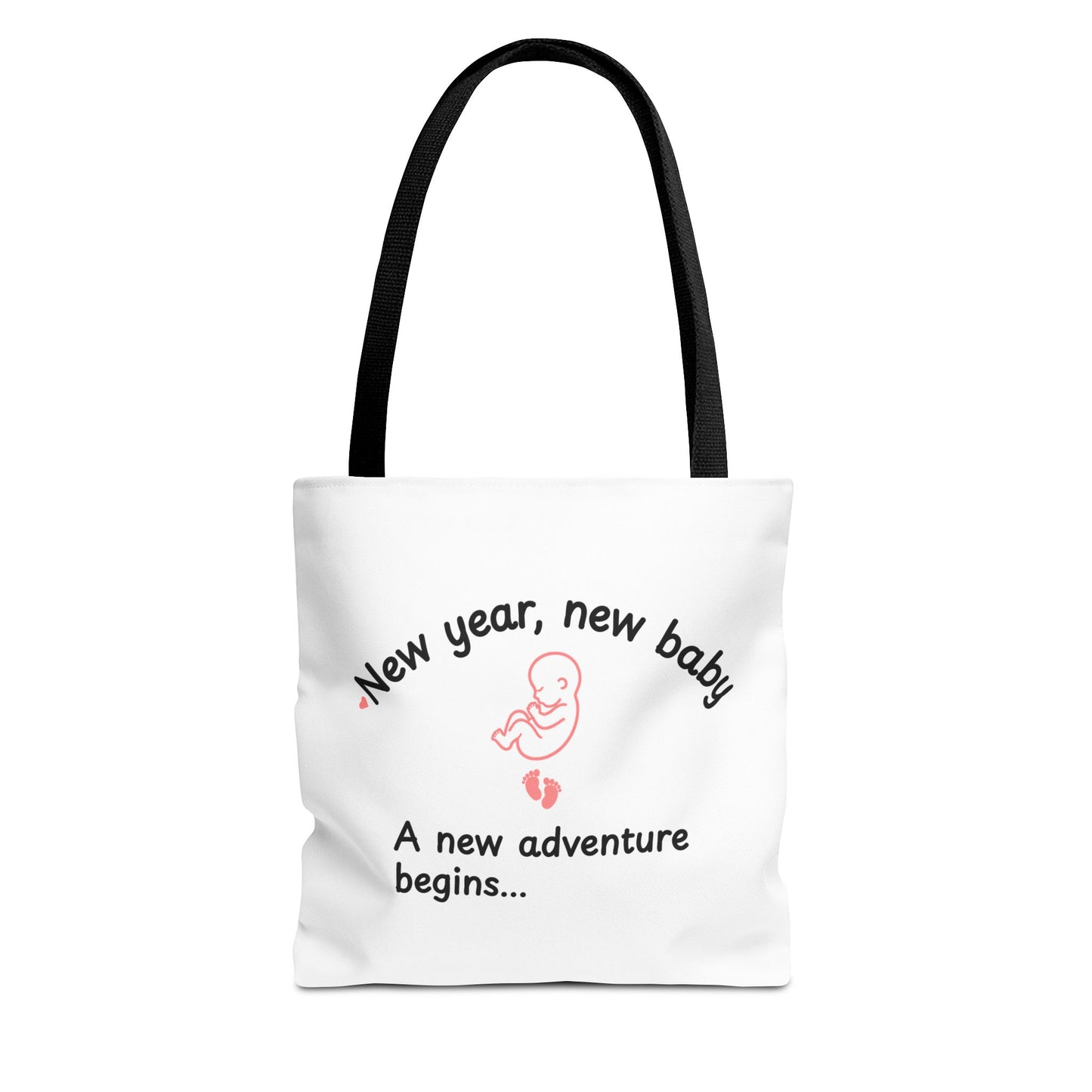 A white tote bag with black handle featuring the text 'New year, new baby. A new adventure begins...' on white background