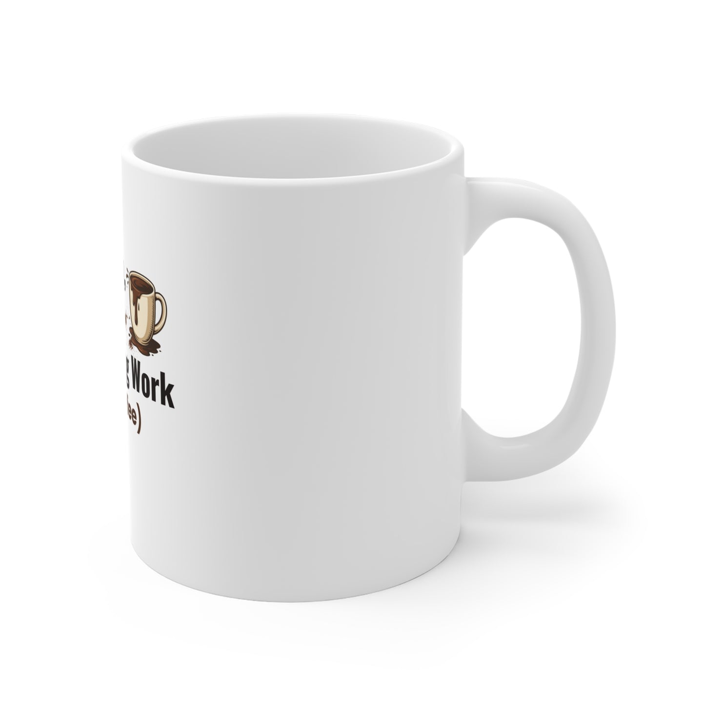 Right side view of white mug with a logo and text on a white background
