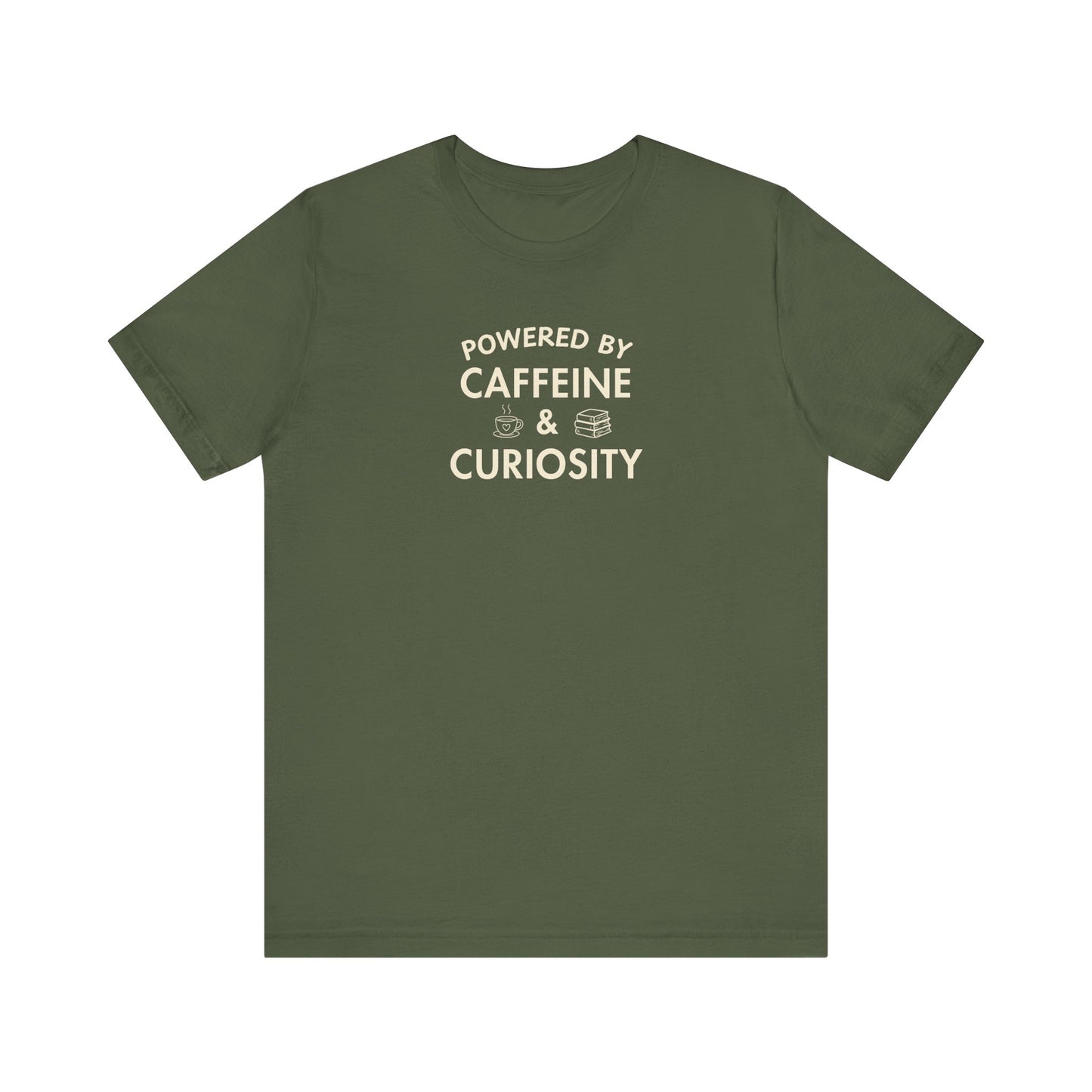 Military t-shirt with text 'Powered by Caffeine & Curiosity' on a white background