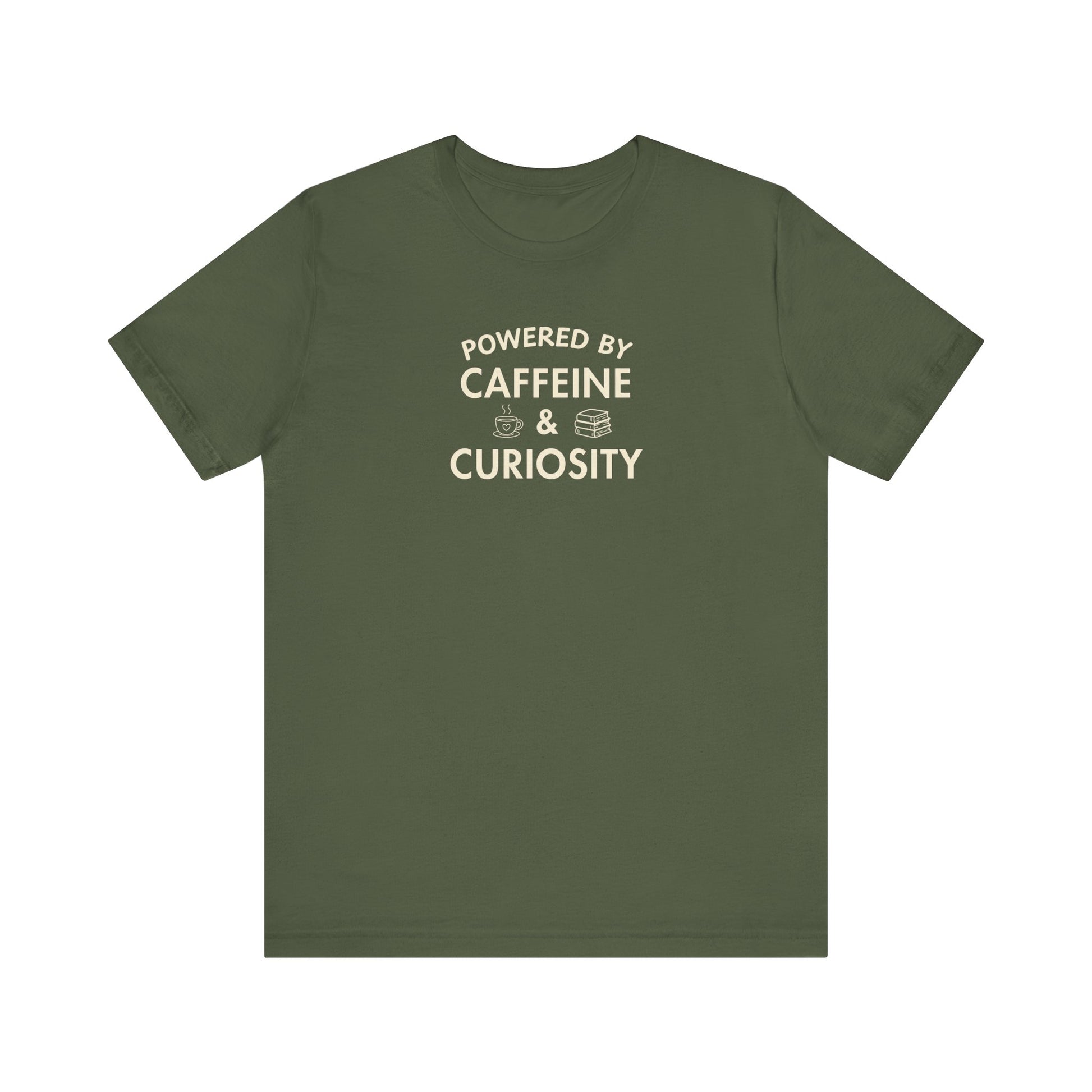 Military t-shirt with text 'Powered by Caffeine & Curiosity' on a white background