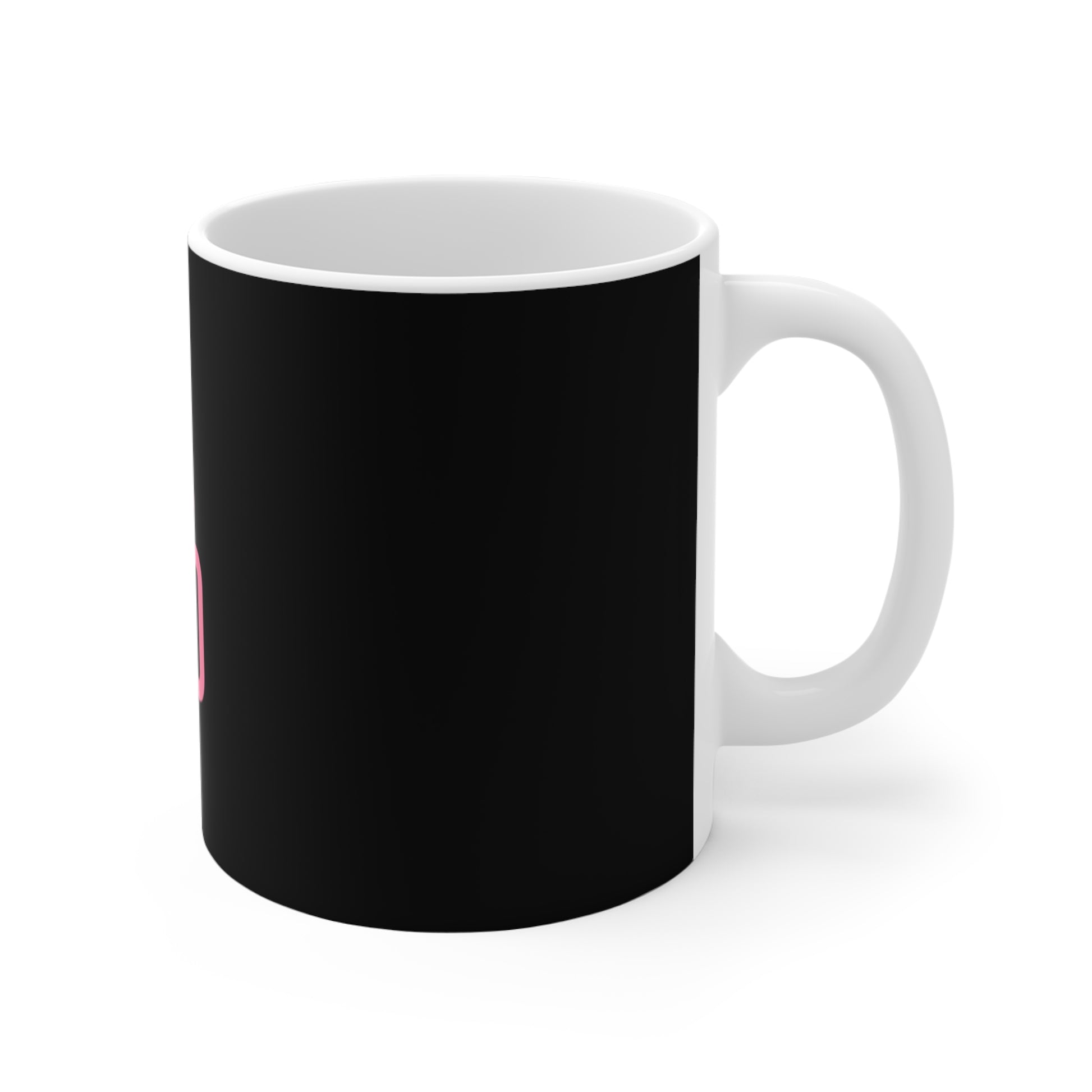 Right side view of black mug with a white handle on a white background