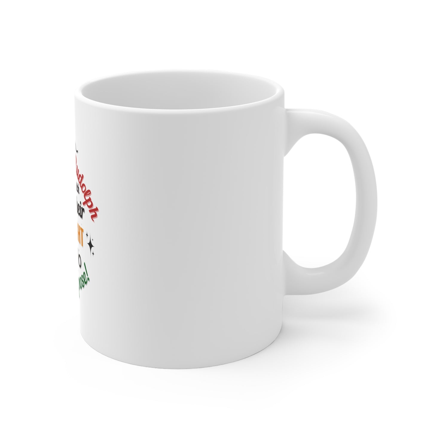 Right side view of white mug with colorful text and symbols on a white background